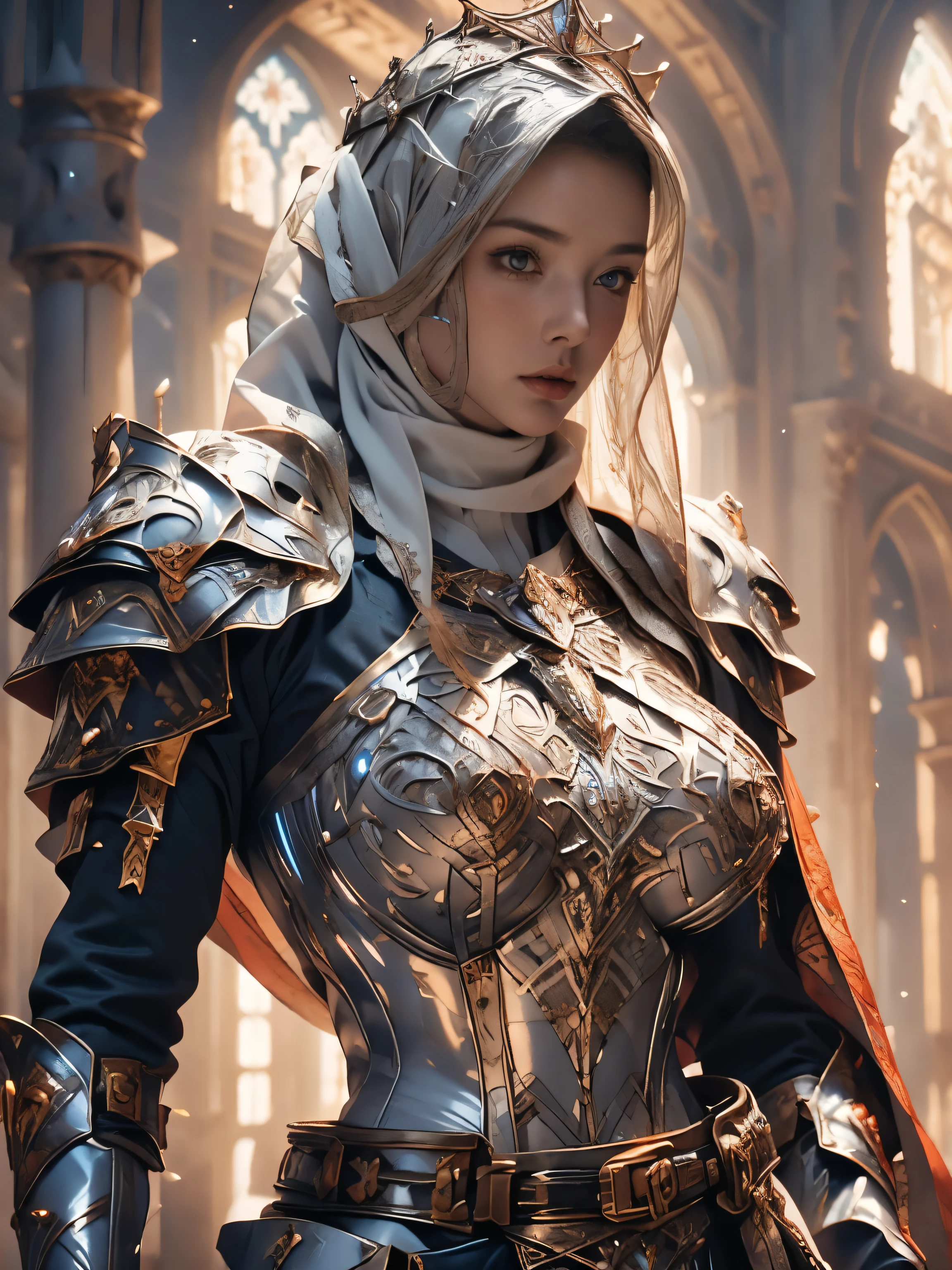 Princess, ((((Wearing the hijab)))), full armor with luxury pattern, Crown Luxury , blue eyes, Blonde, Around , (Red and silver hijab), masterpiece，The best quality at its best，High resolution，8k，((Portraiture))，(Upper Body)，Original photo，Actual photo，Digital photography，(Female Princess in the medieval fantasy style)，(Medieval Princess in fantasy style), virgin Princess ，blue eyes， Super huge breasts, Extravagant decoration of  breasts plate armor，Lips parted，Make your lips look more attractive and glamorous，((Blushing))，Contempt for Virgins，calm and beautyfull ，(Medieval Fantasy Dress，Beautiful armor breasts, Narrow waist, perfect colossal breast of Princess body, oc rendering reflection texture, luxury  breasts armor , Medieval castle background, 