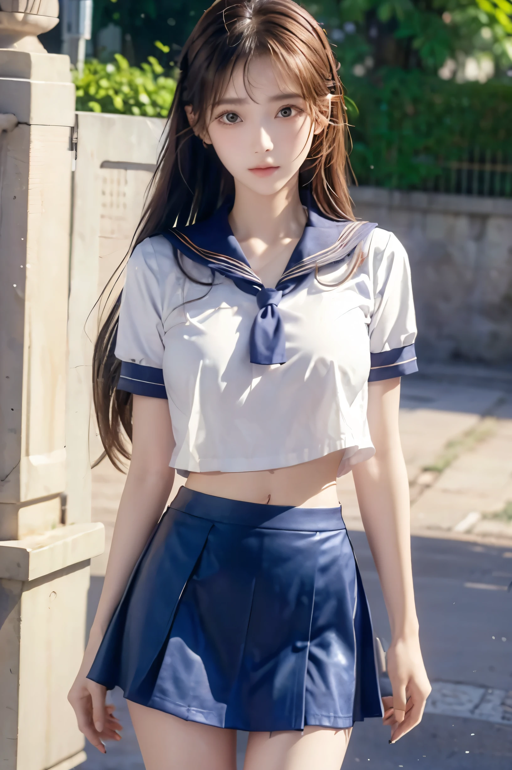 (Ultra HD), (Looking at me), (Short-sleeved sailor uniform, Navy blue mini skirt), Big Breasts, Super beautiful breasts, Slender, (Thin legs:1.2), (Thin thighs:1.2), (Thin Hips:1.4), (Beautiful Skin, Shiny skin, White skin), (Super slim face, Super beautiful face, No makeup, Smile:0.6), (Light Brown, Long Hair, Layered Cut, Fluffy hair), (Big eyes:1.3, High corners of the eyes:1.6, Double eyelids), (Thin eyebrows:0.1), (Small Nose:0.6), (Thin lips:0.6), (Empty-handed:2.0), Standing, In front of the school gate