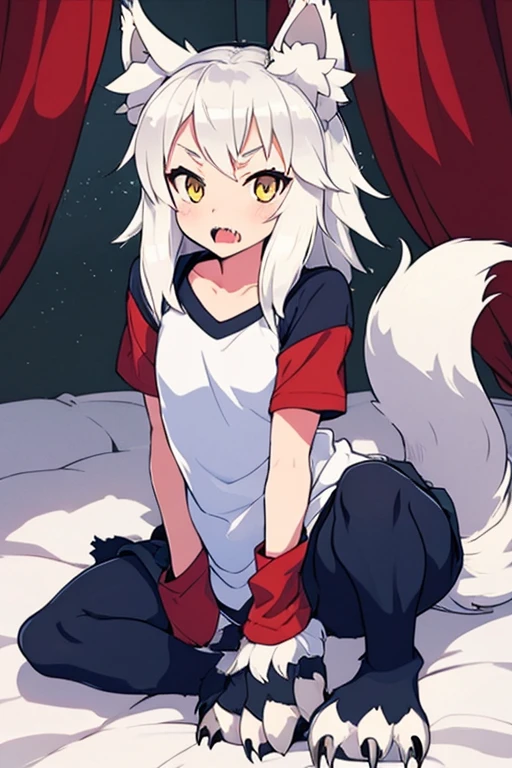 Wolf Girl、(Human arm)、(Four wolf paws)、Quadrupedal、Delicate、Delicate顔、Wolf ears、Silvery white hair and fur、Flat Chest、T-Shirts、Sharp Claws、super high quality