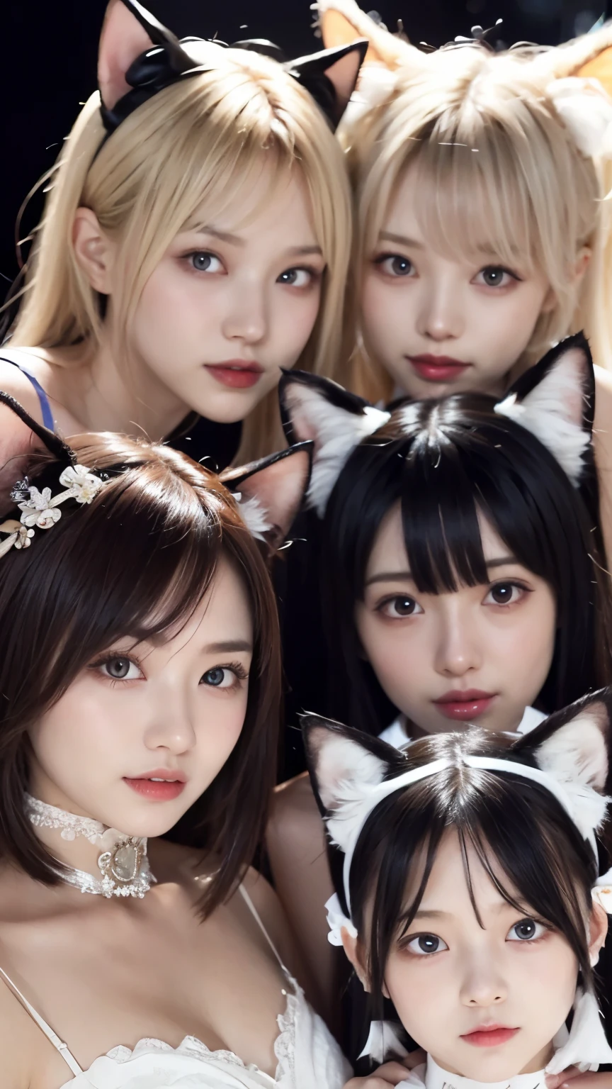 masterpiece, 4k, Bokeh, beautiful face, Harem, (multiple girls:1.4), (Group Photo:1.5), (Cat ears:1.3), (white bob hair:1.3) , looking at the viewer, cowboy shot, holding many cats in both hands, (brack color background :1.4), closeup