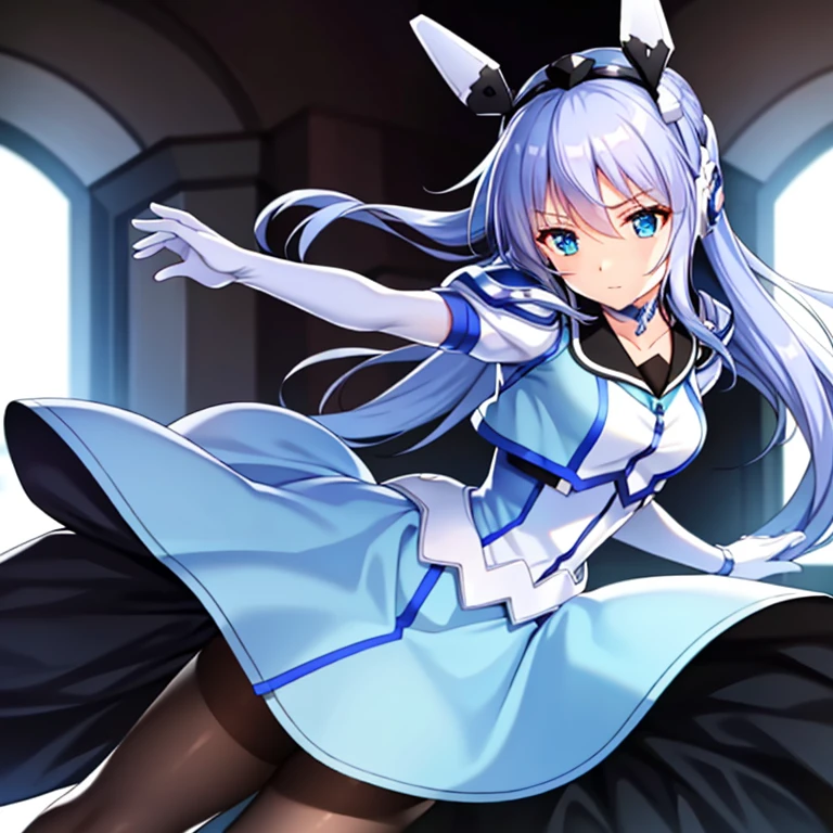 Beautiful lighting,Light from the front,Alone,Symphonic_sugar,Light blue hair,Dark blue eyes,Hair accessories,Long Hair,White long gloves,Light blue short dress,(Black Pantyhose),Long skirt,(White high heels:0.8),small,Rotating on one leg,Dancing,upright