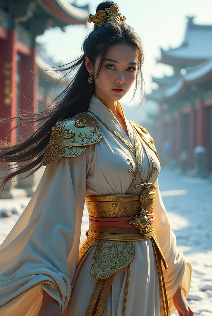 (masterpiece, best quality, beauty, best ratio, best shadows,best Illustration) 
UHD, china female kungfu, beauty like (Jiang Xin),croptop, full posture, fully visible, shining blue eyes, windblown hair, wear gold full general armory with elegant swans emblem, on the snowing pallete square. full moon and side light seen on far away.use the RenderMan renderer.Digital Art. High definition, high contrast,high color saturation,128k,cinematic lighting, intricate,cinematic advertising photograph,Cinema Lens,high res.