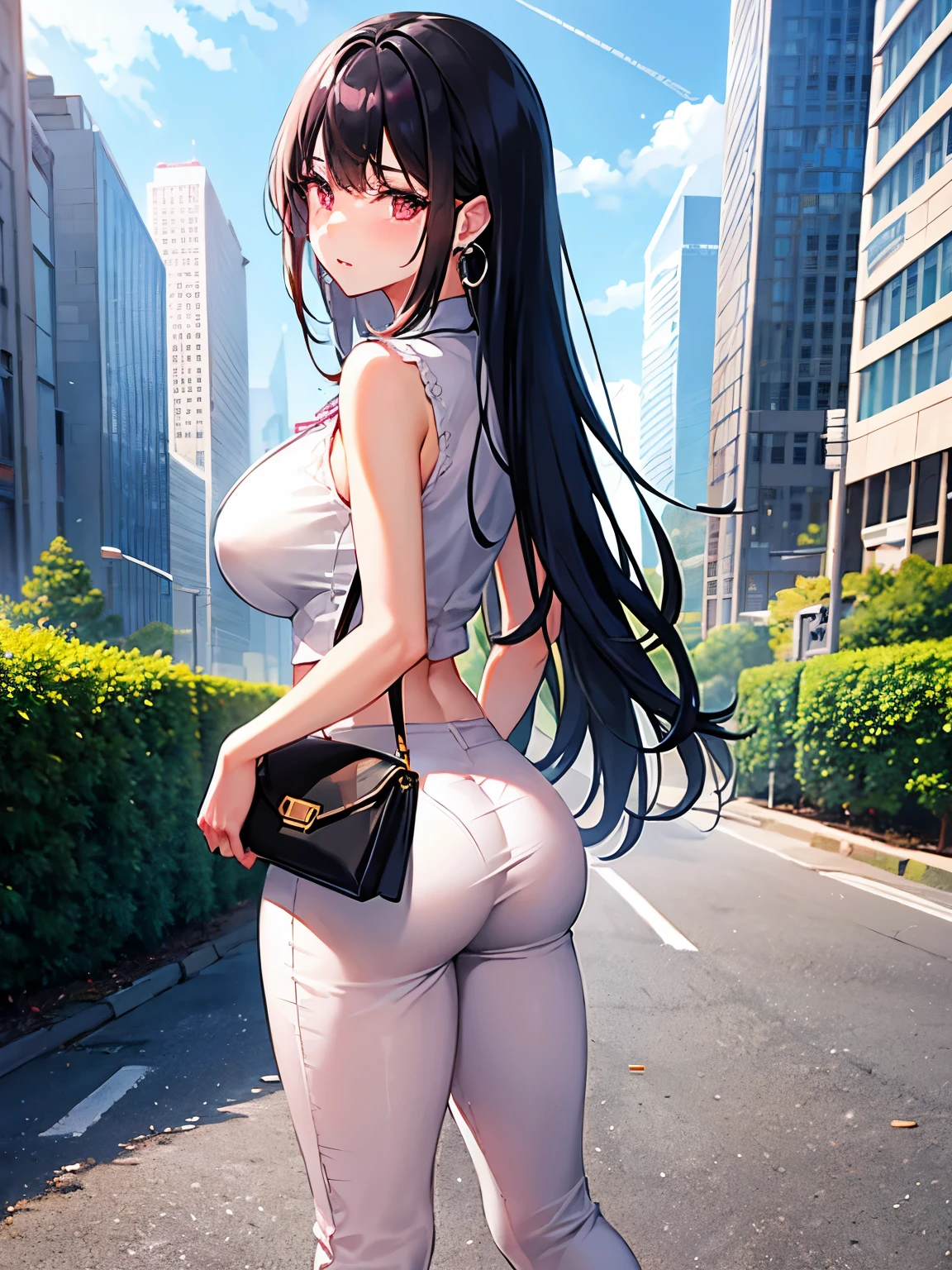 One female、Gaucho pants　White、All-lace pattern　Sleeveless shirt　pink、Big Breasts、Beautiful feet、Embarrassed expression、Black Hair　Long Hair、Office buildings、Standing　Looking back　Wall、Diamond Earrings、Chain Necklaces、Red High Heels、Black Band Bag、Women&#39;s Watches　Silver、Panty lines