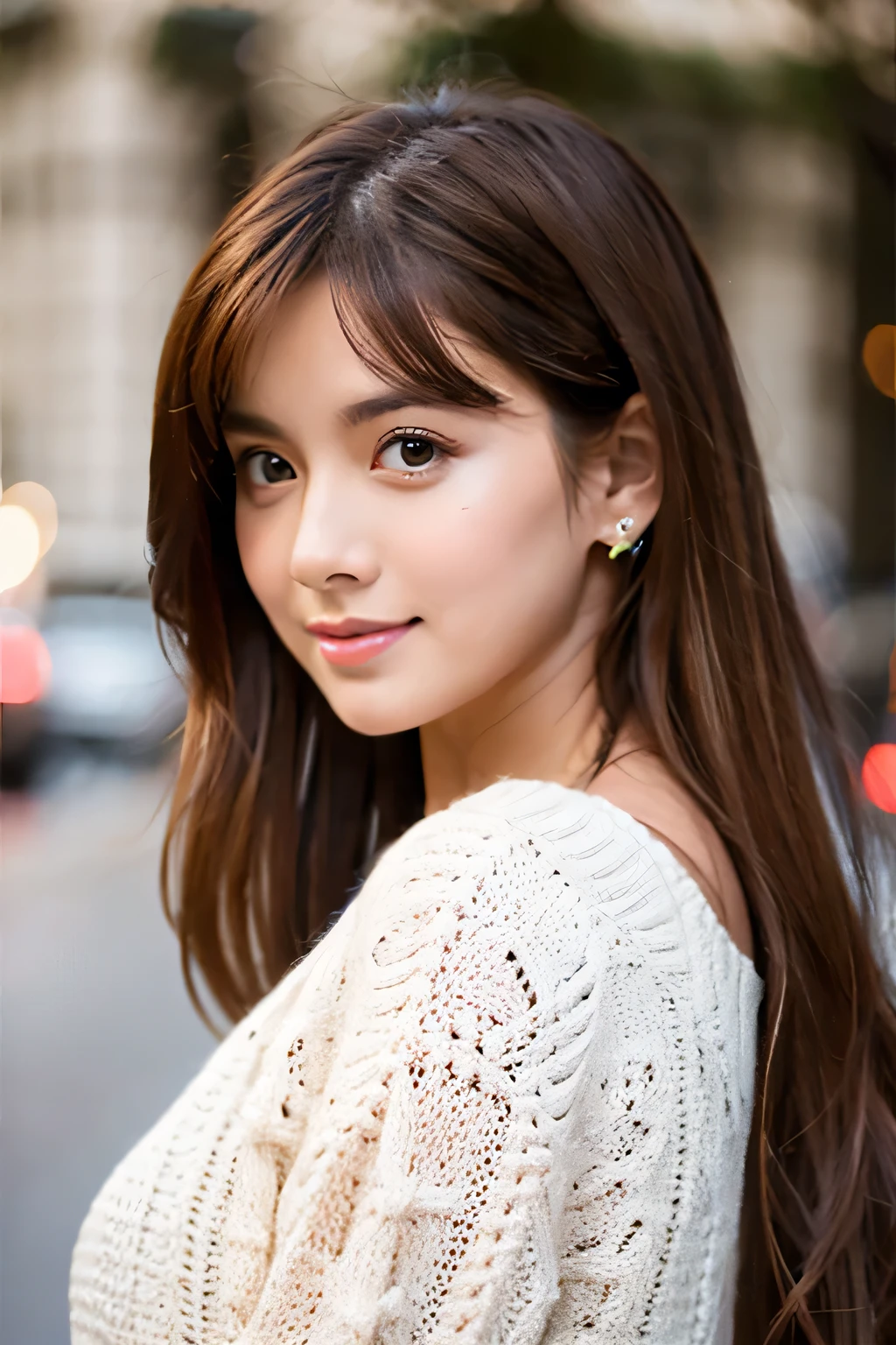 Arafed woman with long brown hair and a white sweater - SeaArt AI