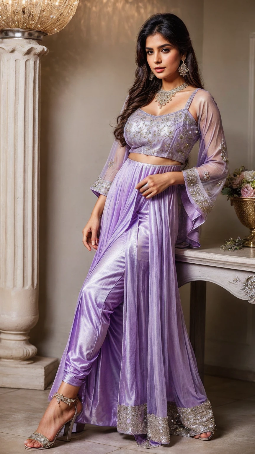 A pastel lavender Anarkali suit with a floor-length, flowy georgette fabric, featuring silver threadwork and sequins scattered across the bodice and hem. The suit has full sheer sleeves with intricate embroidery along the cuffs. Paired with a matching lavender chiffon dupatta with silver border detailing. Accessories include a statement silver necklace, small stud earrings, and a delicate silver anklet (payal)., biggest breast, close cowboy shot , most hot and sexy indian face