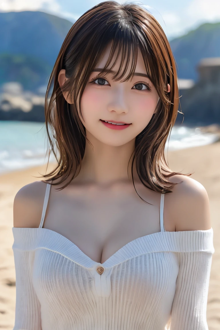 (Realistic: 1.4), (highest quality: 1.4), Ultra-high resolution, (fine grain),Full Body Shot,((Pose for gravure photography)),1. High school girl,(Small breasts、B Cup),Black ponytail,((Nipples are visible:1.5)),Big eyes,Blushed,((smile)),Highly detailed face and skin texture, Healthy Skin,(Evening beach),8K resolution