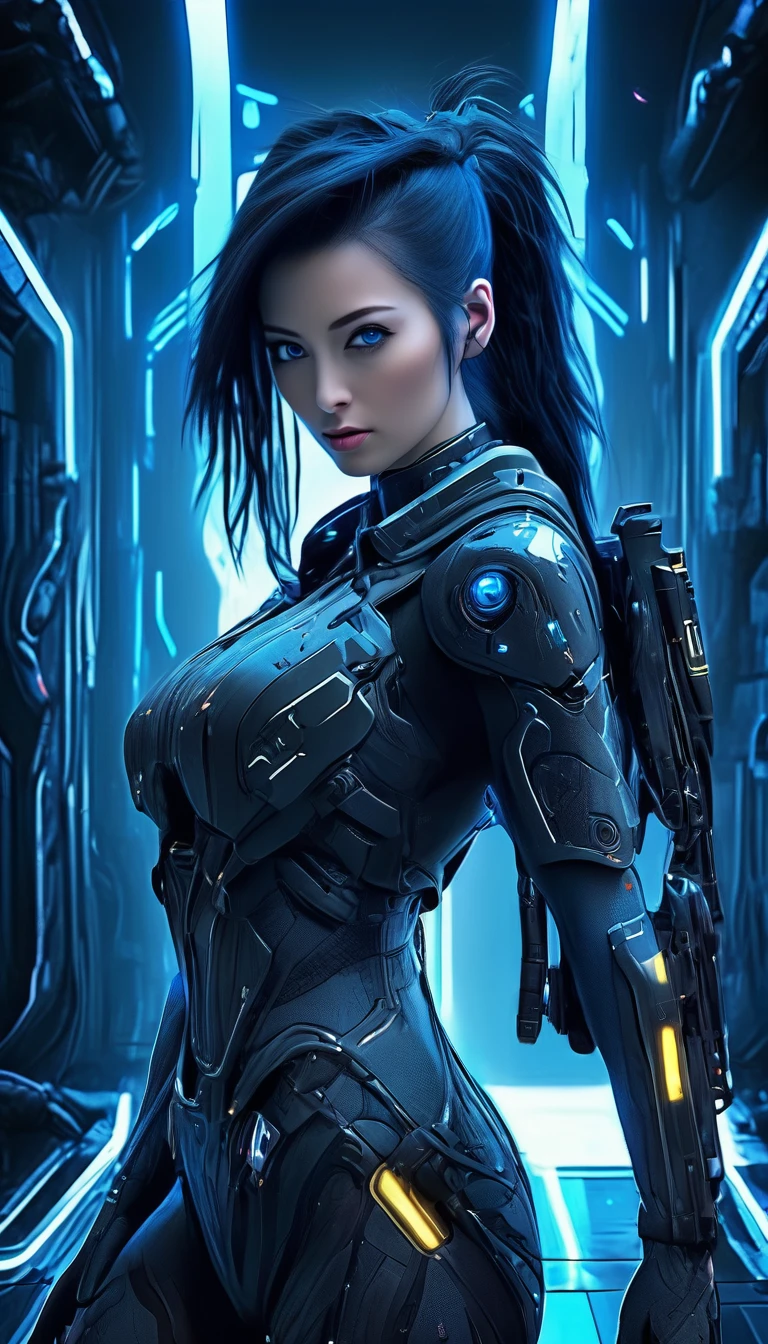 A woman wearing exoskeleton cyber armor, The armor fits snugly、(((She has a plasma gun in her hand))), Full body photo, Maximum details, Superior quality through precise drawings, 8k,chest, blue eyes,  High resolution, 超High resolution, Best Quality, Shortcuts, Big chest, Cinematic Lighting Effects, Futuristic beautiful black hair woman, Shining blue eyes, Cyberpunk style woman, ((High tech spaceship interior with blue light illumination)), High-quality images、Black Hair, Shortcuts, 