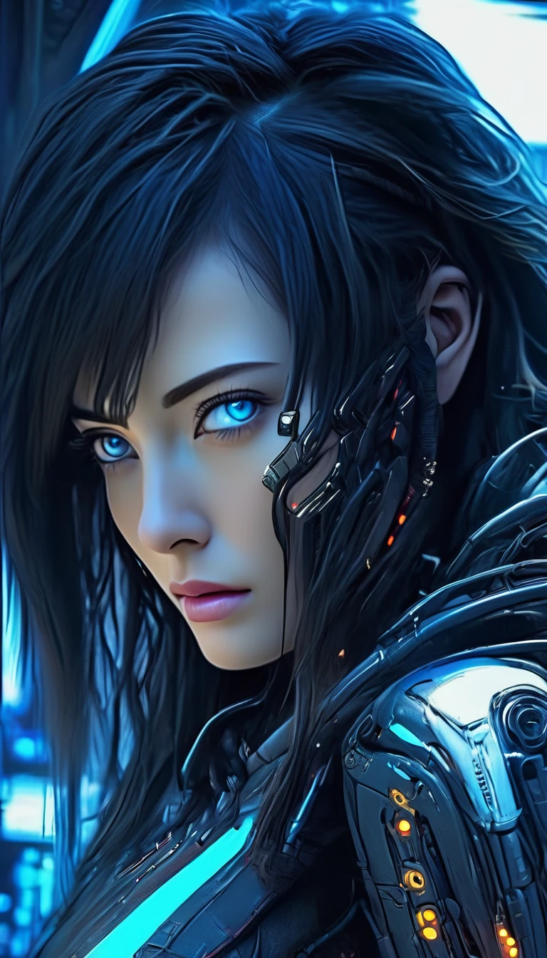 A woman wearing exoskeleton cyber armor, The armor fits snugly、(((She has a plasma gun in her hand))), Full body photo, Maximum details, Superior quality through precise drawings, 8k,chest, blue eyes,  High resolution, 超High resolution, Best Quality, Shortcuts, Big chest, Cinematic Lighting Effects, Futuristic beautiful black hair woman, Shining blue eyes, Cyberpunk style woman, ((High tech spaceship interior with blue light illumination)), High-quality images、Black Hair, Shortcuts, 