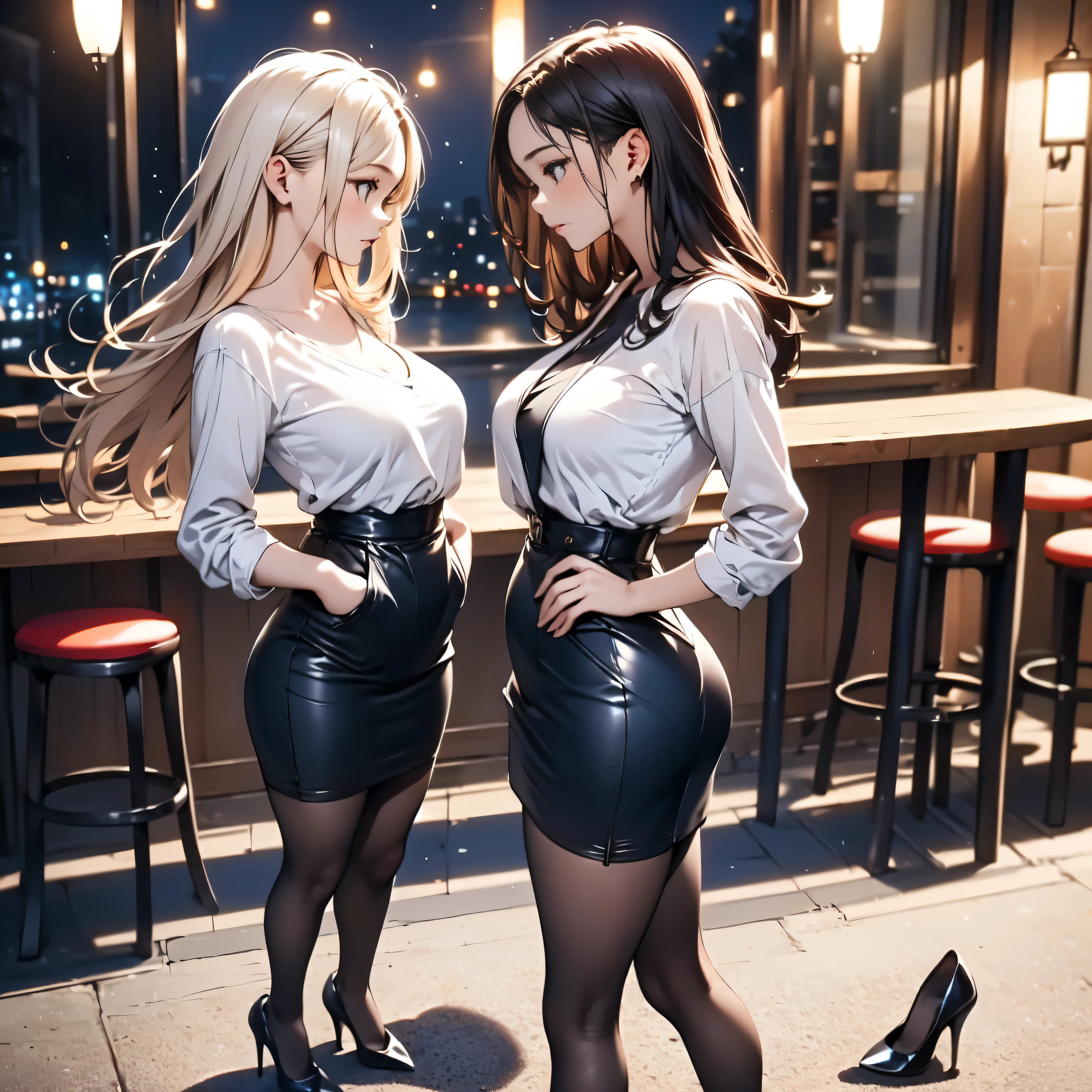 Anime girl in tuxedo suite, ankle high pants, high heels, red lipstick, hoop earrings, long pony tail hair, japanese style bangs cut. in skyscaper tower. Background- room's corner should be in middle, right side of background- luxury bet, beige mattress, gray wall white light. Left side of background- window, window outside scene- other skyscrapers, building e.g. time- night. Art style should be japnese anime- rascals does not dreem about bunny girl sempai, my dress up darling e.g.