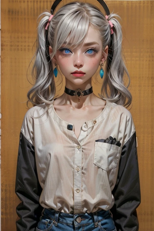 Pastel colors, One girl, Alone, ((blue eyes)), Simple Background, shirt, White background twin tails, jewelry, Gray Hair, Earrings, open lips choker, Gray background, black shirt, black choker, halo, Has hair, Flat Color , 