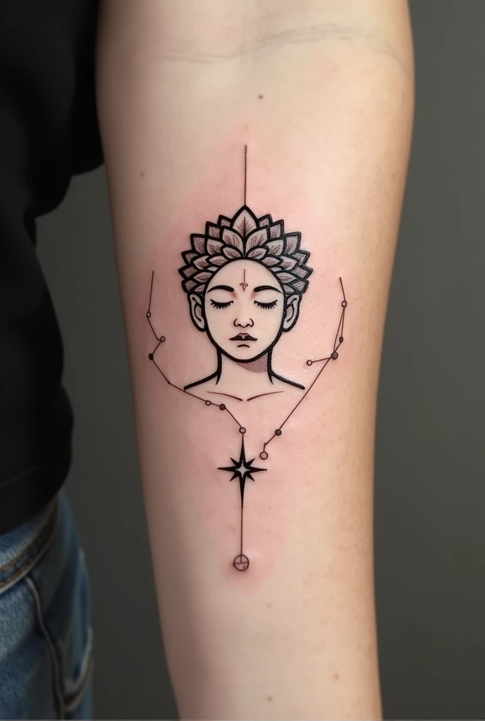 Create a tattoo with the outline of a man standing meditating with a seven-point star behind him and with the symbol of positive at his side with some small circles around him with more details more creative only the outline of the images is clearer 