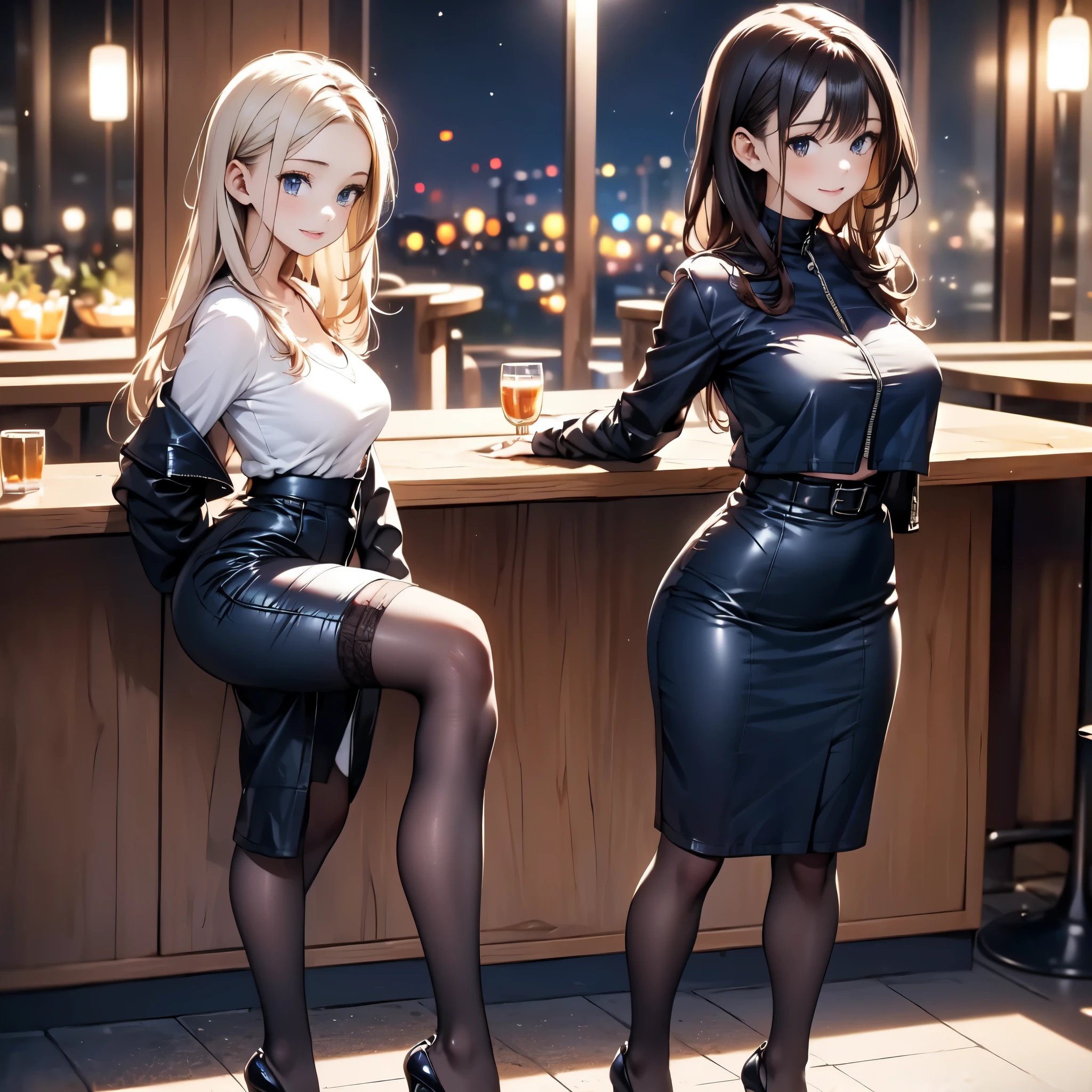 beste Quality、One girl、a whole body、dark haired、wave、Longhaire、Brown jacket made of leather、Black underwear、fishnet tights、garterbelts、Narrow-eyed、fair complexion、Giant tits、Constriction、Finger bite、blhushed face、night、hotels room、Background blur