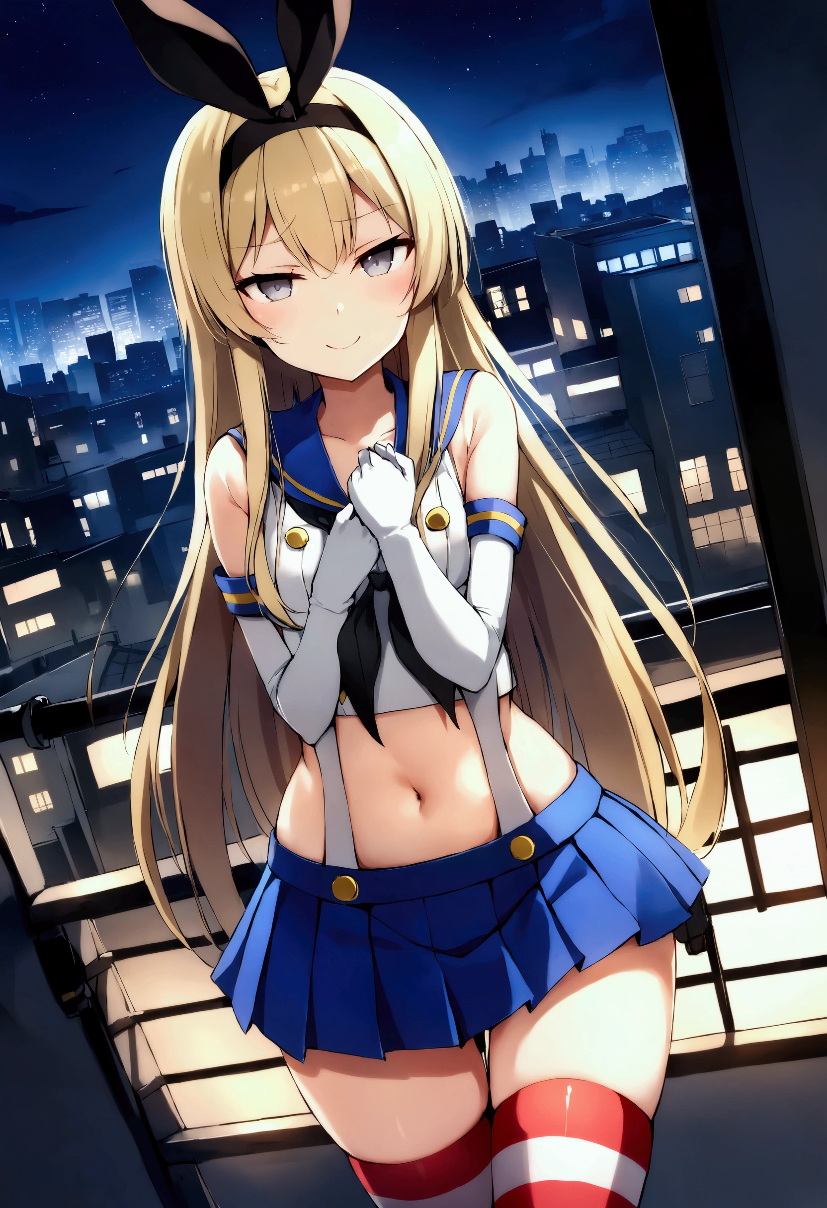 (masterpiece, best quality), 1girl, skancolle, grey eyes, hairband, blonde hair, serafuku, neckerchief, crop top, gloves, elbow gloves, white gloves, navel, blue skirt, thighhighs, striped, striped thighhighs