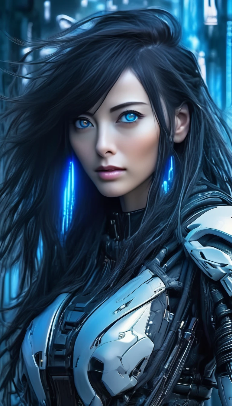 A woman wearing exoskeleton cyber armor, The armor fits snugly、(((She has a plasma gun in her hand))), Full body photo, Maximum details, Superior quality through precise drawings, 8k,chest, blue eyes,  High resolution, 超High resolution, Best Quality, Shortcuts, Big chest, Cinematic Lighting Effects, Futuristic beautiful black hair woman, Shining blue eyes, Cyberpunk style woman, ((High tech spaceship interior with blue light illumination)), High-quality images、Black Hair, Shortcuts, 