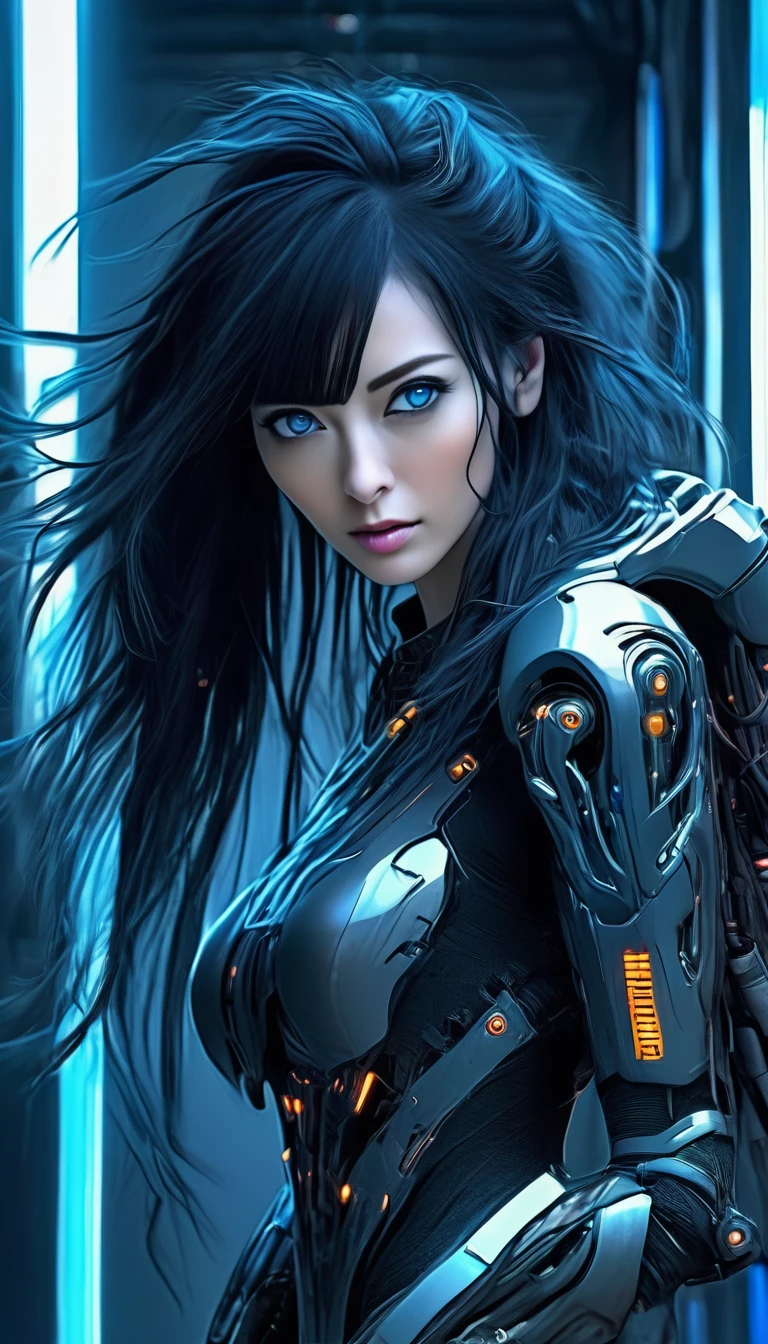 A woman wearing exoskeleton cyber armor, The armor fits snugly、(((She has a plasma gun in her hand))), Full body photo, Maximum details, Superior quality through precise drawings, 8k,chest, blue eyes,  High resolution, 超High resolution, Best Quality, Shortcuts, Big chest, Cinematic Lighting Effects, Futuristic beautiful black hair woman, Shining blue eyes, Cyberpunk style woman, ((High tech spaceship interior with blue light illumination)), High-quality images、Black Hair, Shortcuts, 