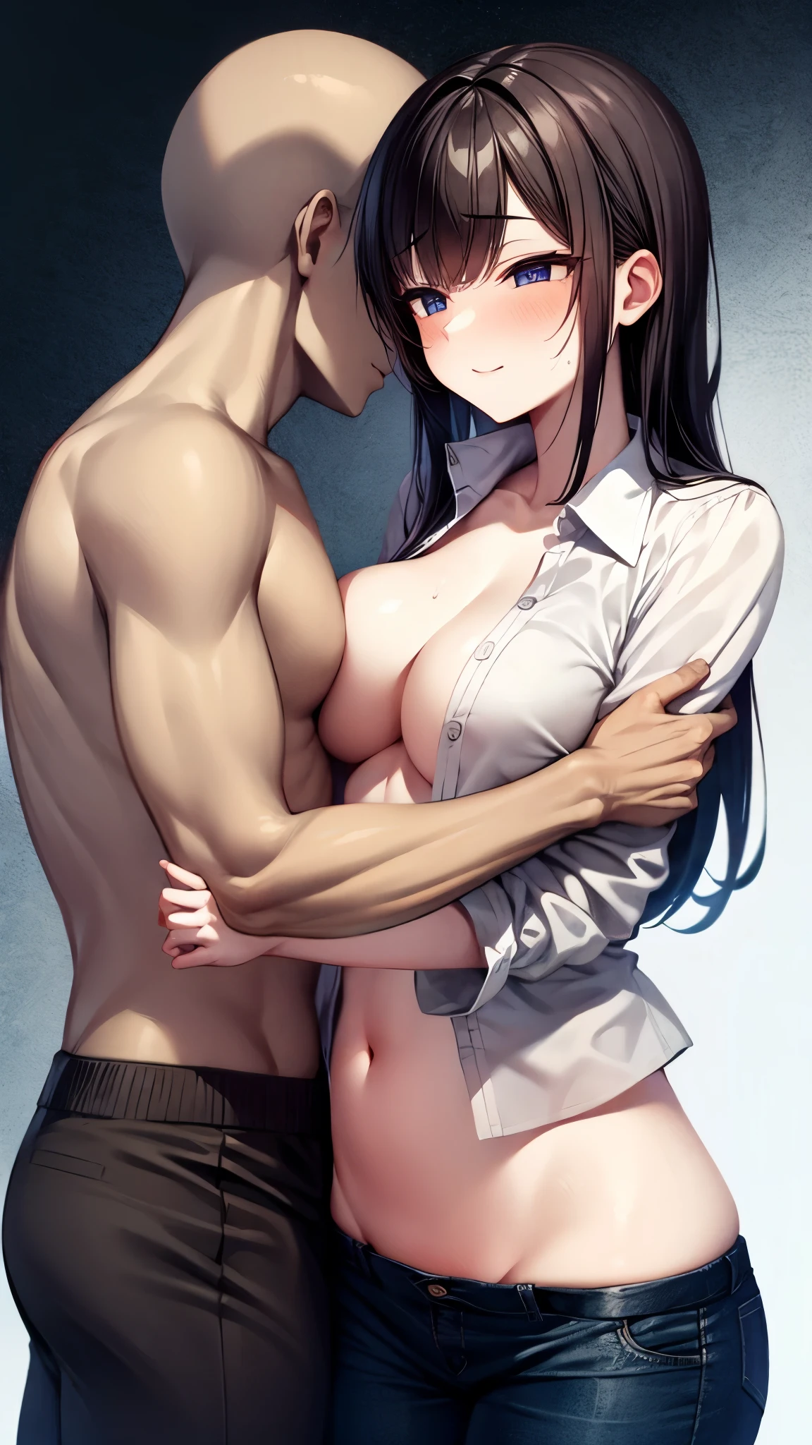 （（super high quality,Ultra-high resolution,16k,super masterpiece,Ultra HD ,Detailed shading,））Couple,One sexy girl,Naked with a white shirt unbuttoned to the third button,Folded sleeves,The lower half is naked,Sweaty,Dark Background,Hugging a man,