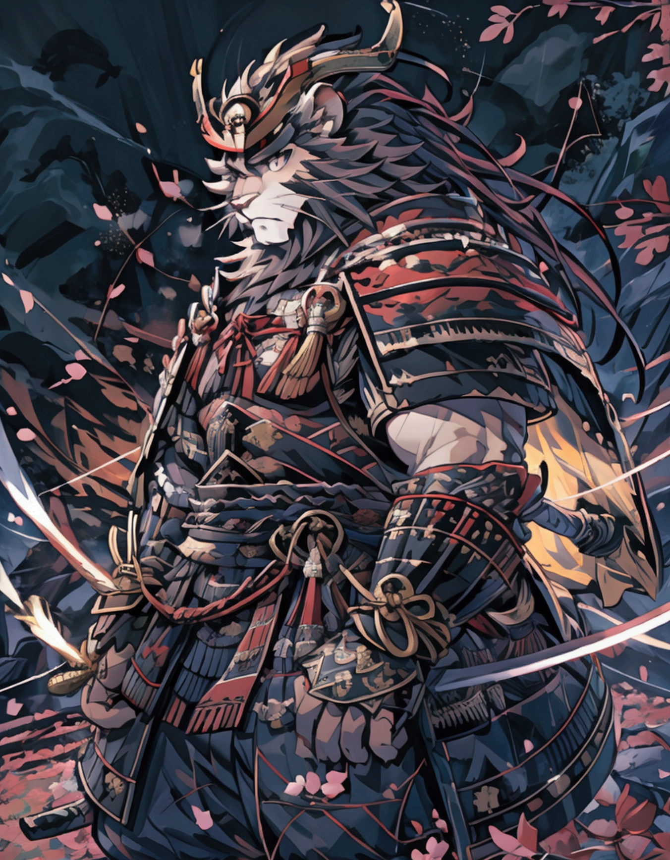 Brave, Great noble lion samurai warrior,((Pure white fur)), Wearing very detailed red samurai armor,He wears a demonic red mask on his head..&#39;Horn., Sengoku period,I have a black and gold fan, Highly detailed background, Cherry blossoms blowing in the wind, Perfect masterpiece high quality, High resolution writing boundary depth, perfect lighting, (Particles of light),(Best Quality),(masterpiece),(Ultra Shipping),Sharp focus,Particles of light