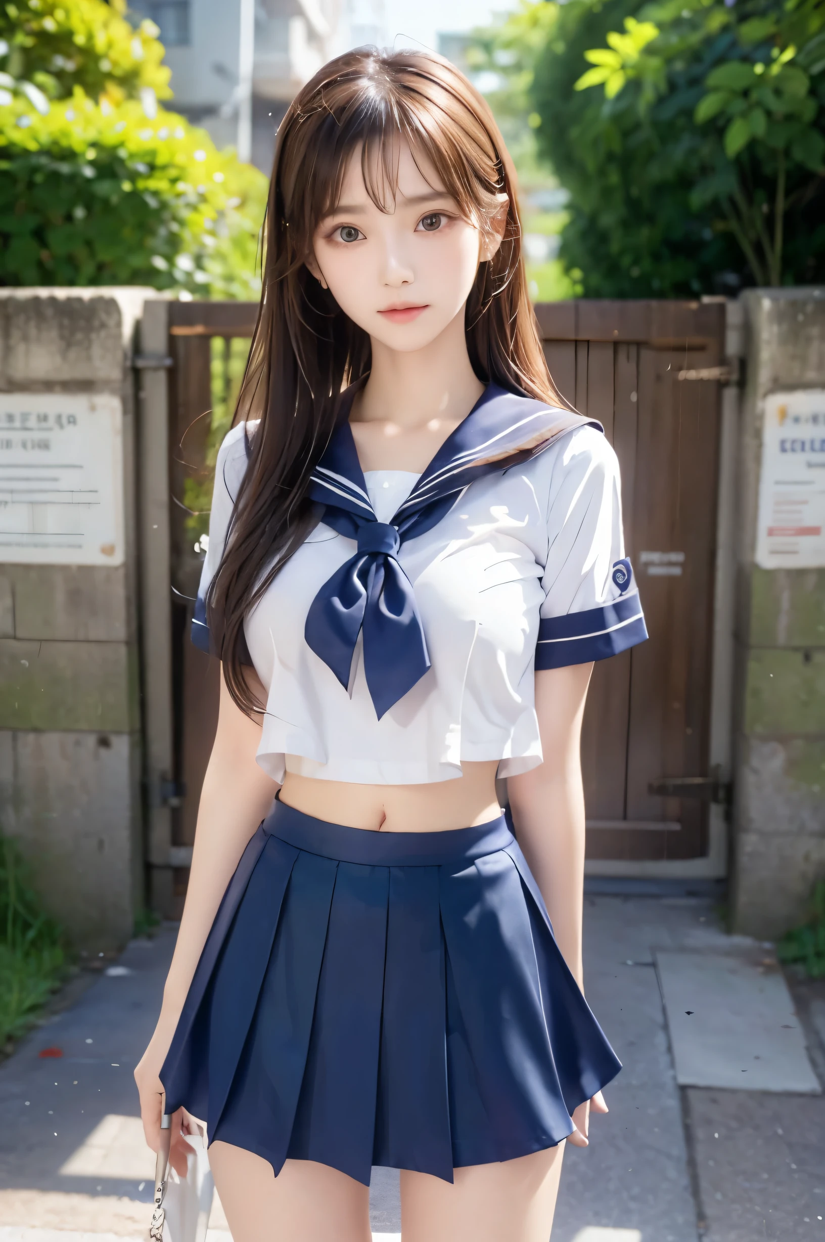 (Ultra HD), (Looking at me), (Short-sleeved sailor uniform, Navy blue mini skirt), Big Breasts, Super beautiful breasts, Slender, (Thin legs:1.2), (Thin thighs:1.2), (Thin Hips:1.4), (Beautiful Skin, Shiny skin, White skin), (Super slim face, Super beautiful face, No makeup, Smile:0.6), (Light Brown, Long Hair, Layered Cut, Fluffy hair), (Big eyes:1.3, High corners of the eyes:1.6, Double eyelids), (Thin eyebrows:0.1), (Small Nose:0.6), (Thin lips:0.6), Empty-handed, Standing, In front of the school gate