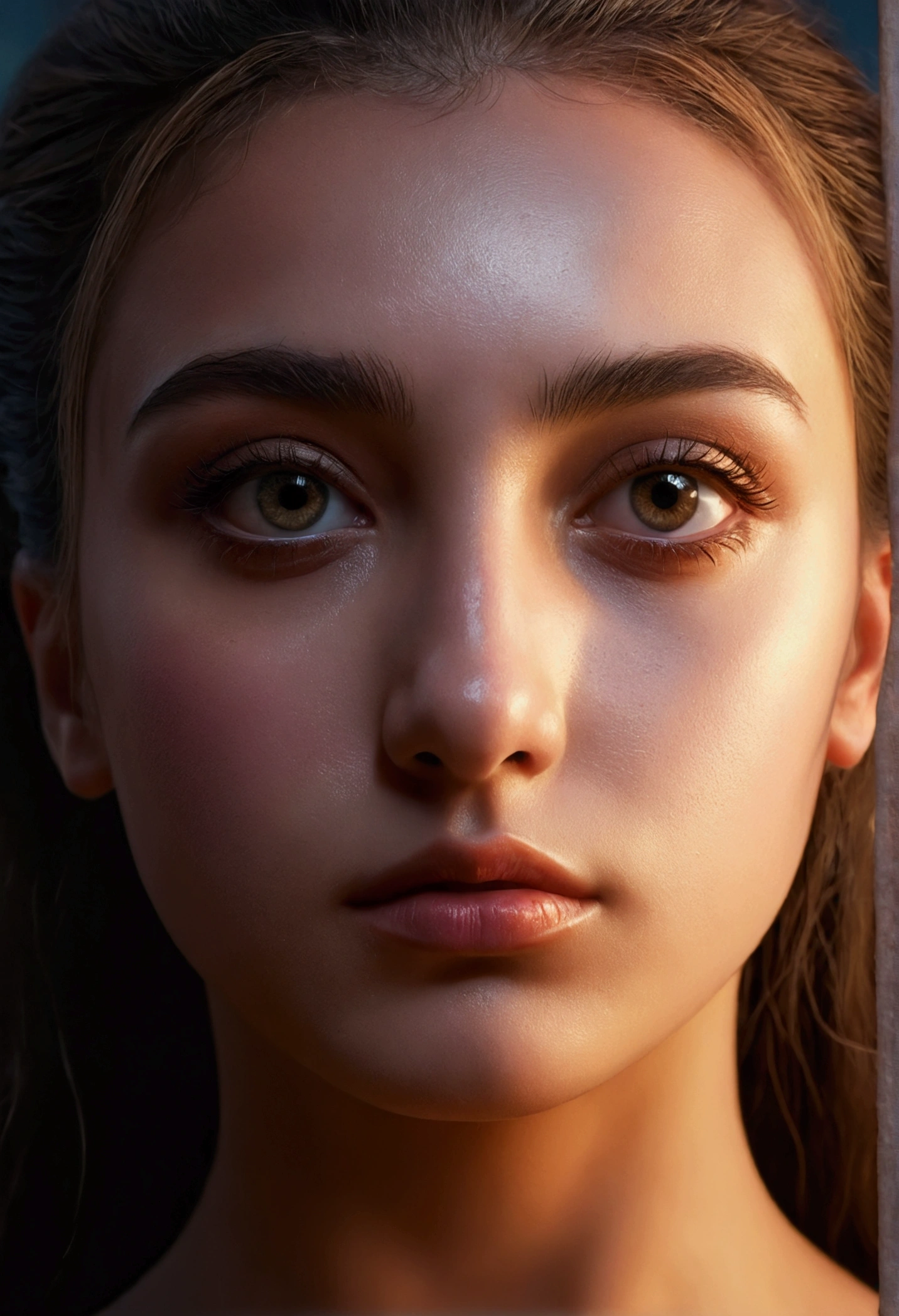 a photorealistic 2 girl, 26 yo frontal face, headshot, look for camera, centered face frontal, highly detailed facial features, beautiful eyes, nose and lips, full body shot, anatomically correct, hyperrealistic, 8K, hyper detailed, cinematic lighting, moody dramatic lighting, warm color tones, atmospheric, mystical, fantasy, digital art, surreal, dramatic pose