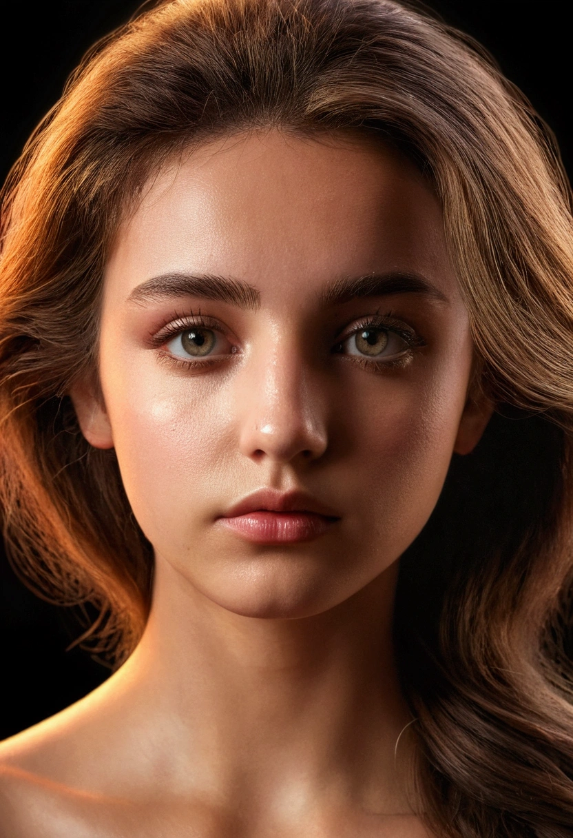 a photorealistic 2 girl, 26 yo frontal face, headshot, look for camera, centered face frontal, highly detailed facial features, beautiful eyes, nose and lips, full body shot, anatomically correct, hyperrealistic, 8K, hyper detailed, cinematic lighting, moody dramatic lighting, warm color tones, atmospheric, mystical, fantasy, digital art, surreal, dramatic pose