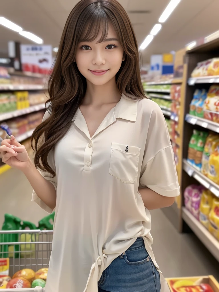 teenage Korean girl pale skin long hair orange transparent underwear big smile inside elevator dark night carry small brown tote bag dark blue polo shirt pressing buttons