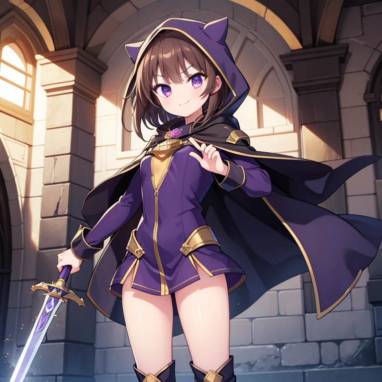 Masterpiece, best quality, high quality, 1girl, Solo, dynamicangle, Dynamic Pose, has Medium Brown hair, has Purple eyes, Holding the legendary holy sword, with both hands, Wearing Brown hoode with Black Cape, wears boots, detailed wallpaper, best illustration, (best shadow), serious expression, Smile, standing in the Castle, sunny day