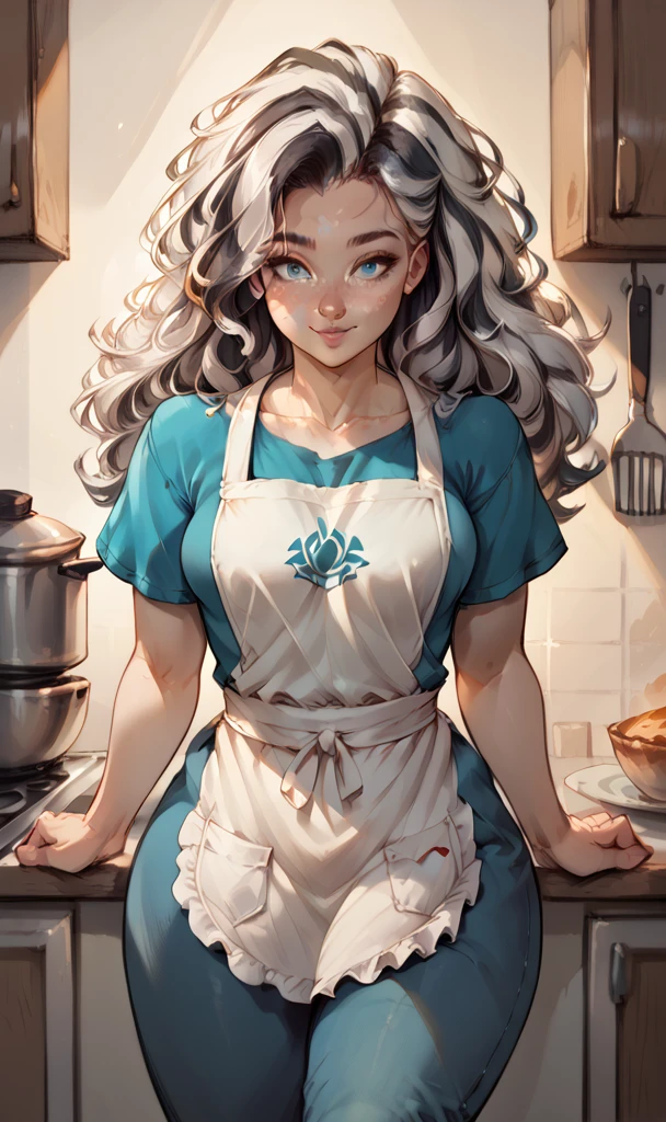 human woman, long fluffy hair, zebra hair, human, medium breasts, attractive, (apron), shapely body, big thighs, big, freckles, freckles on face, blue eyes, (expression of joy), she is in the kitchen, preparing breakfast