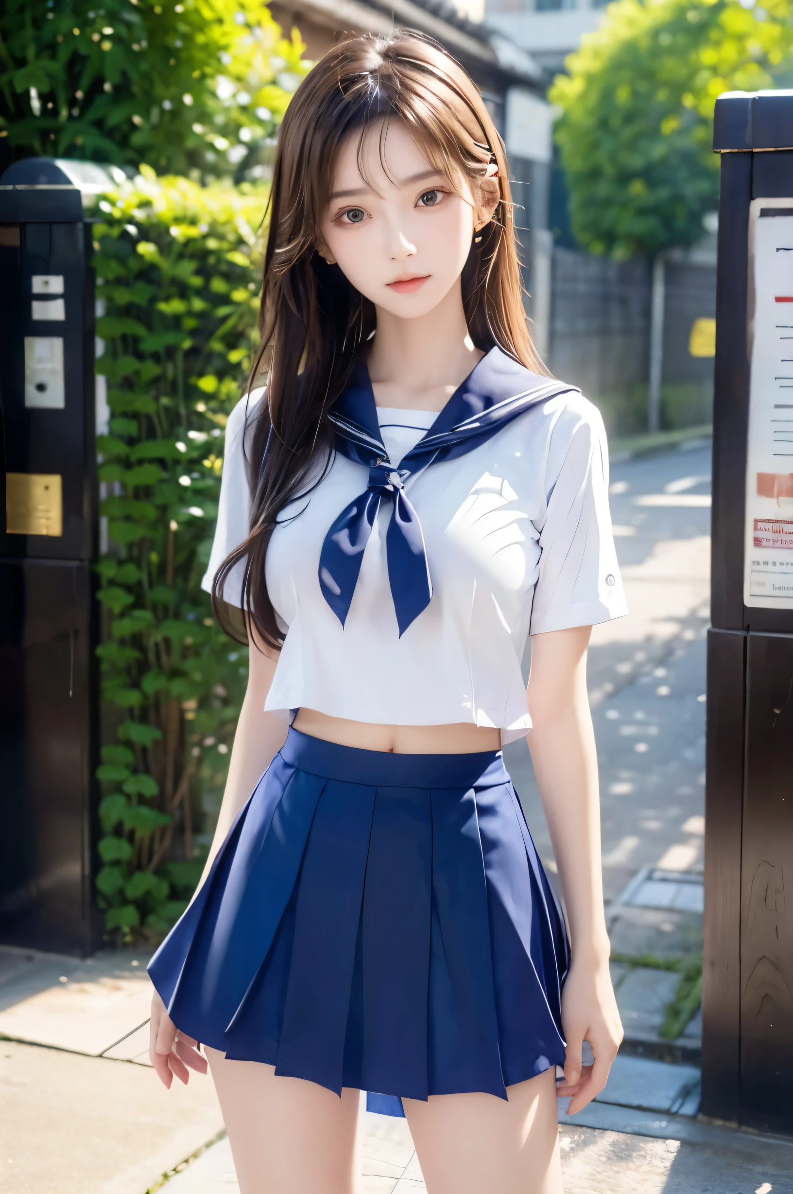 (Ultra HD), (Looking at me), (Short-sleeved sailor uniform, Navy blue mini skirt), Big Breasts, Super beautiful breasts, Slender, (Thin legs:1.2), (Thin thighs:1.2), (Thin Hips:1.4), (Beautiful Skin, Shiny skin, White skin), (Super slim face, Super beautiful face, No makeup, Smile:0.6), (Light Brown, Long Hair, Layered Cut, Fluffy hair), (Big eyes:1.3, High corners of the eyes:1.6, Double eyelids), (Thin eyebrows:0.1), (Small Nose:0.6), (Thin lips:0.6), Empty-handed, Standing, In front of the school gate