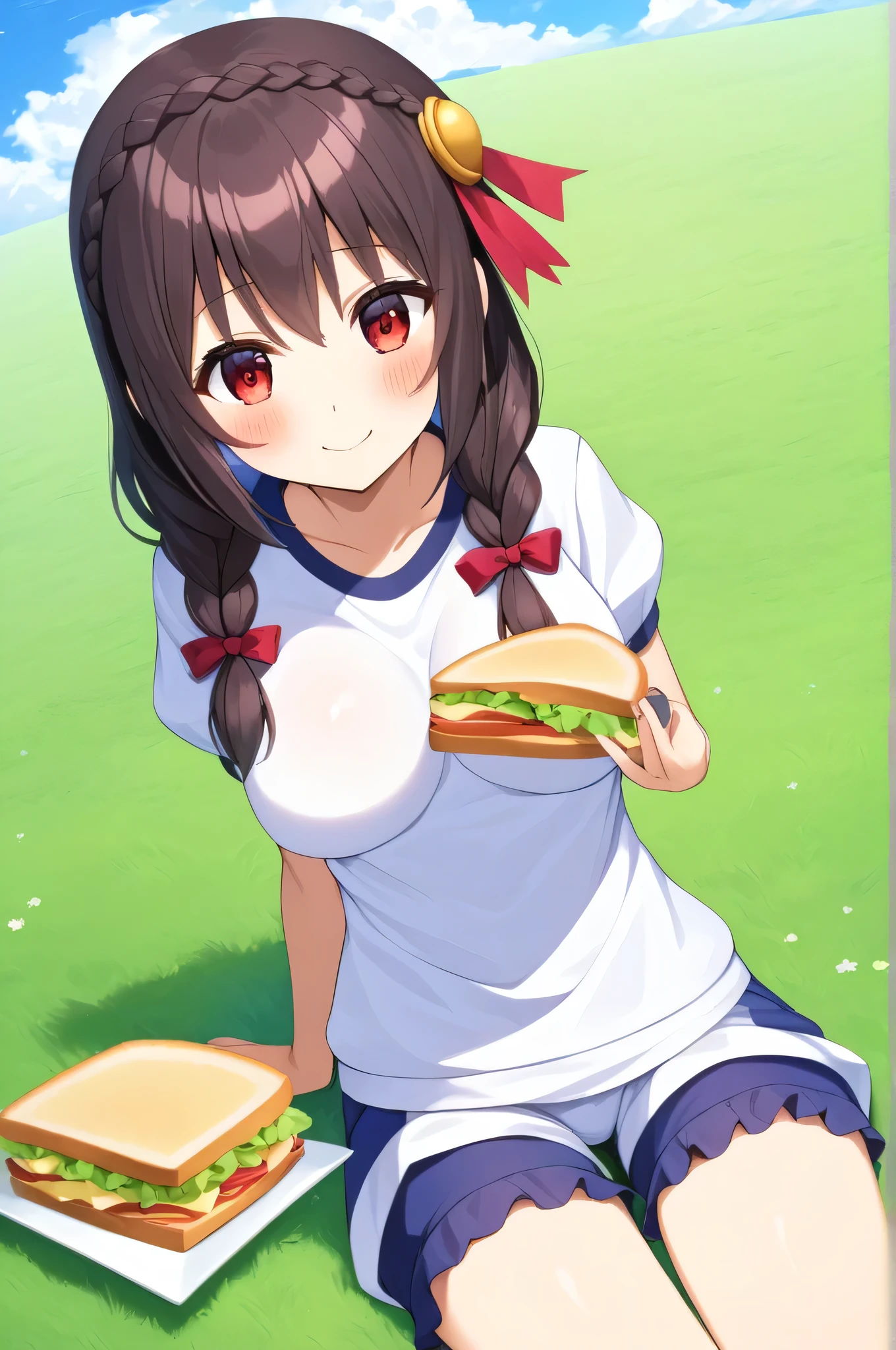 (masterpiece, Highest quality), One girl,    Yunyun,Long Hair,Braiding,Twin tails,Hair between the eyes,Red hair ribbon,hair ornaments,large round breasts,、Pink Skirt、Black Hair、Red Eyes、(A very happy smile:1.2)、Crown Blade,Black Shirt, Long sleeve,Pink tie, belt, Cleavage cutout、cowboy shot、(blush:1.2)、Young face、(Sitting on the grass having a picnic)、((Present the sandwich to the viewer))
