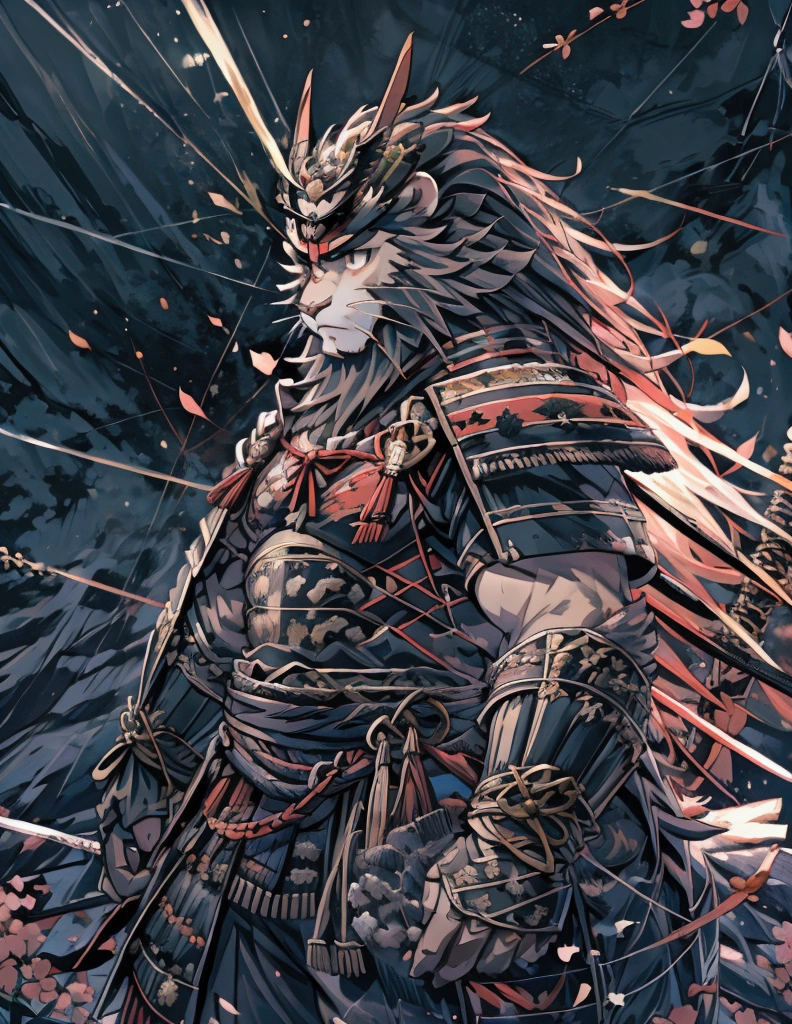 Brave, Great noble lion samurai warrior,((Pure white fur)), Wearing very detailed red samurai armor,He wears a demonic red mask on his head..&#39;Horn., Sengoku period,I have a black and gold fan, Highly detailed background, Peach blossoms blown by the wind, Perfect masterpiece high quality, High resolution writing boundary depth, perfect lighting, (Particles of light),(Best Quality),(masterpiece),(Ultra Shipping),Sharp focus,Particles of light