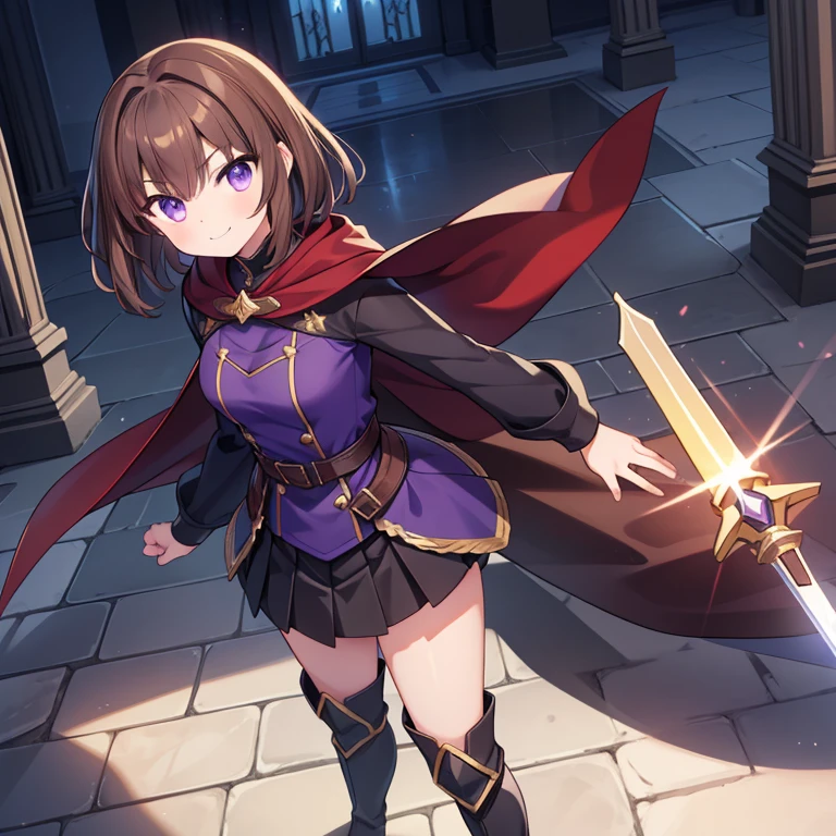 Masterpiece, best quality, high quality, 1girl, Solo, dynamicangle, Dynamic Pose, has Medium Brown hair, has Purple eyes, Holding the legendary holy sword, with both hands, Wears Brown hood with Black Cape, wears short Black Skirt, wears Boots, detailed wallpaper, best illustration, (best shadow), serious expression, Smile, standing in the Castle, sunny day