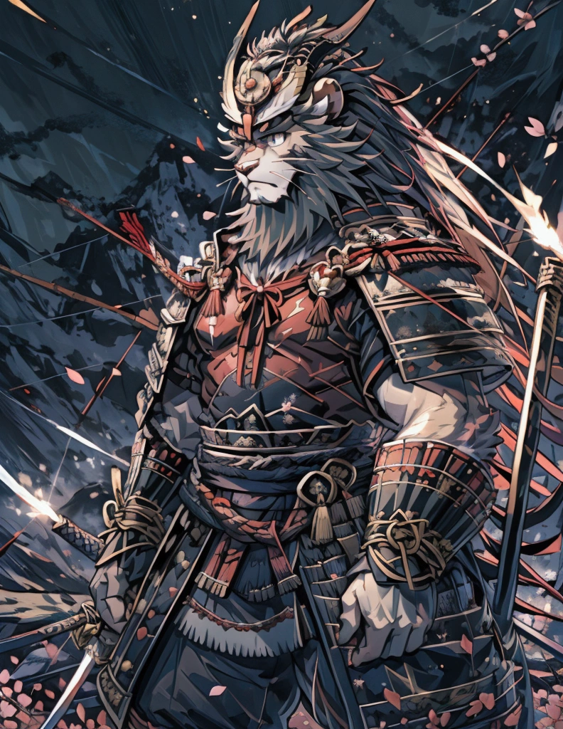 Brave, Great noble lion samurai warrior,((Pure white fur)), Wearing very detailed red samurai armor,He wears a demonic red mask on his head..&#39;Horn., Sengoku period,I have a black and gold fan, Highly detailed background, Peach blossoms blown by the wind, Perfect masterpiece high quality, High resolution writing boundary depth, perfect lighting, (Particles of light),(Best Quality),(masterpiece),(Ultra Shipping),Sharp focus,Particles of light