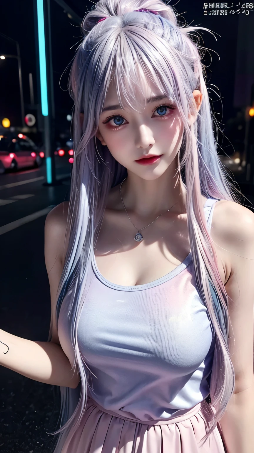 Mine makeup girl、Hotel、Black straight long hair、Glowing neon lights、ガールズBar clerk、Bar clerk、provide alcohol、Neon and uv black light store interior、cyber 、White T-shirt that glows under black light、large full breasts、Large cleavage、Hot pants in satin fabric、A store that looks like a spaceship