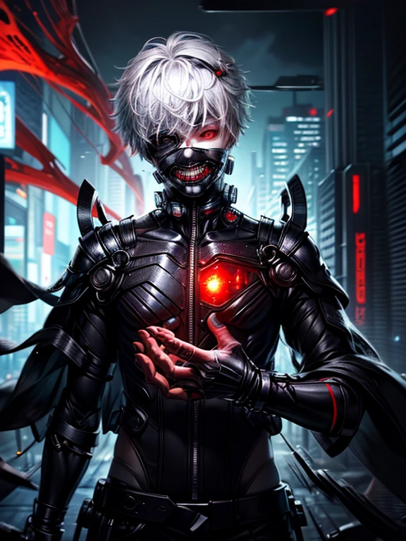 A dark, eerie scene featuring a character with white hair and red glowing eyes. The character is wearing a black outfit with a high collar, and a black mask covering the lower half of their face. The background is dimly lit, adding to the mysterious and ominous atmosphere. The character's red eyes stand out prominently against the darkness. The image is vertically oriented.