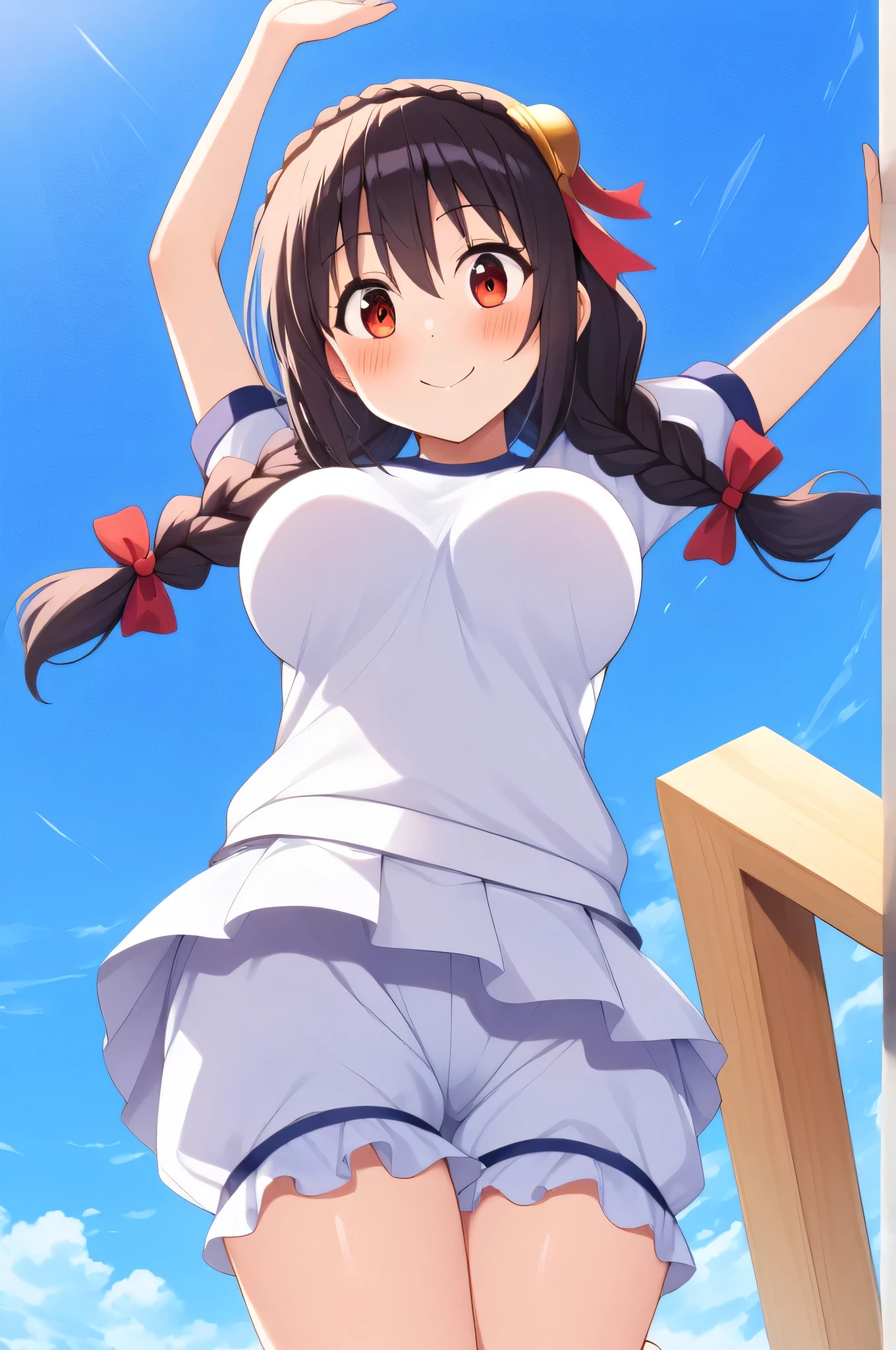 best quality,1girl,((big breasts:1.5)),((((loli,10 years old,,little girl:1.3)))),curvy,orgasm,ahegao,blush,blue eyes,black hair,long hair,((two side up:1.1)),((miko,red hakama,mini skirt,thighhighs:1.1)),lift skirt,upskirt,white panties,lace panties,((battoujutsu stance,weapon)),Japanese sword,shrine,shrine