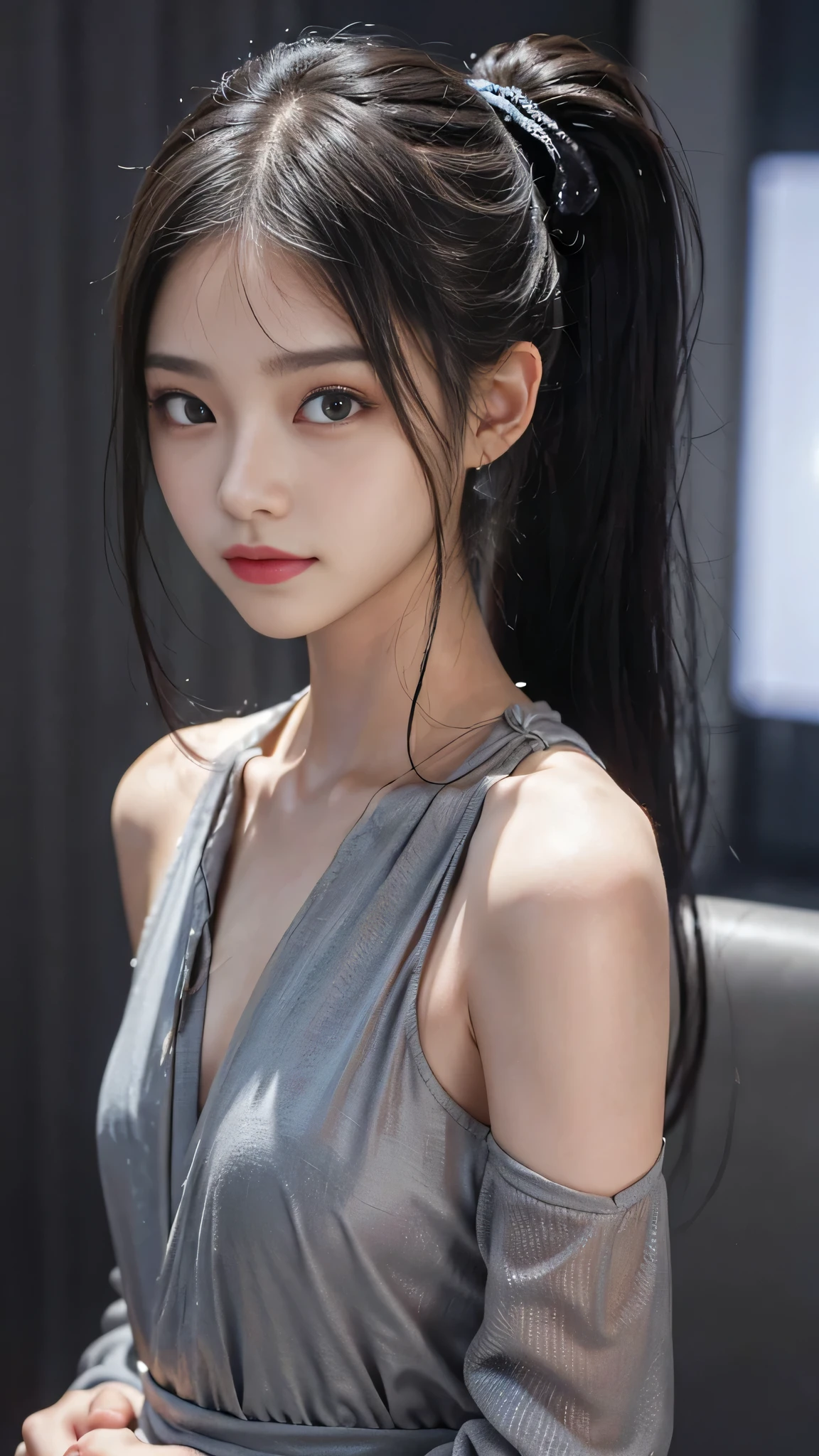 8K, Top Quality, Intricate Details, Ultra Detail, Ultra High Resolution, Masterpiece, close up shot, (full body: 1.1), Slender, Smile, (Makeup: 0.4), (Fluffy Blue Eyes: 1.21), blue Eyes, ((full body)), 1girl, solo, 1 girl, (( full body)), close up shot, , ((tall)), (((fit body))), (((slim face))), sharp face, sharp eyes, (( black hair, long hair, random hairstyle )) , (detailed face), sharp face, small lips,
((open shirt)), detailed face, detailed breast, , large breast, detail ass, , Beautiful girl with accentuated slender abs: 1.4, Six Pack Abs: 1.4, Bust Botox, Big, Perfect Body, detail leg, (( dark background)), black background,