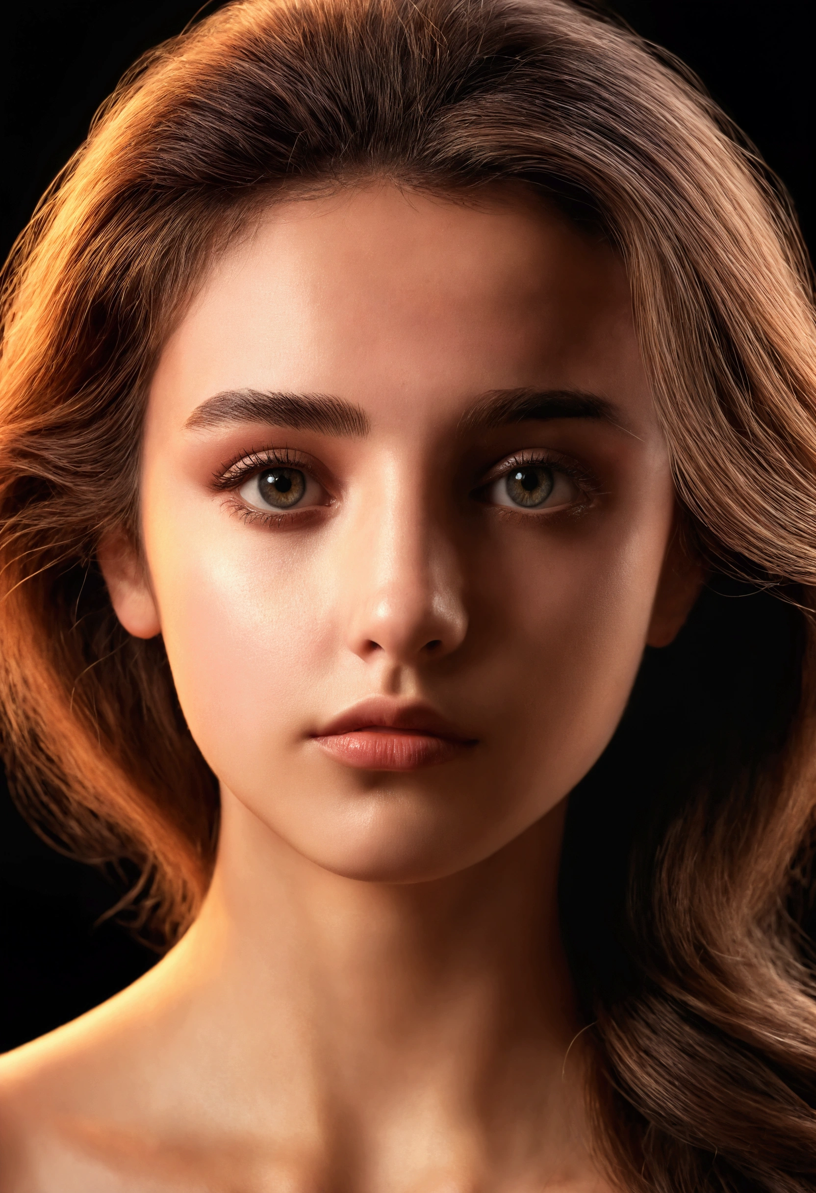 a photorealistic 2 girl, 26 yo frontal face, headshot, look for camera, centered face frontal, highly detailed facial features, beautiful eyes, nose and lips, full body shot, anatomically correct, hyperrealistic, 8K, hyper detailed, cinematic lighting, moody dramatic lighting, warm color tones, atmospheric, mystical, fantasy, digital art, surreal, dramatic pose