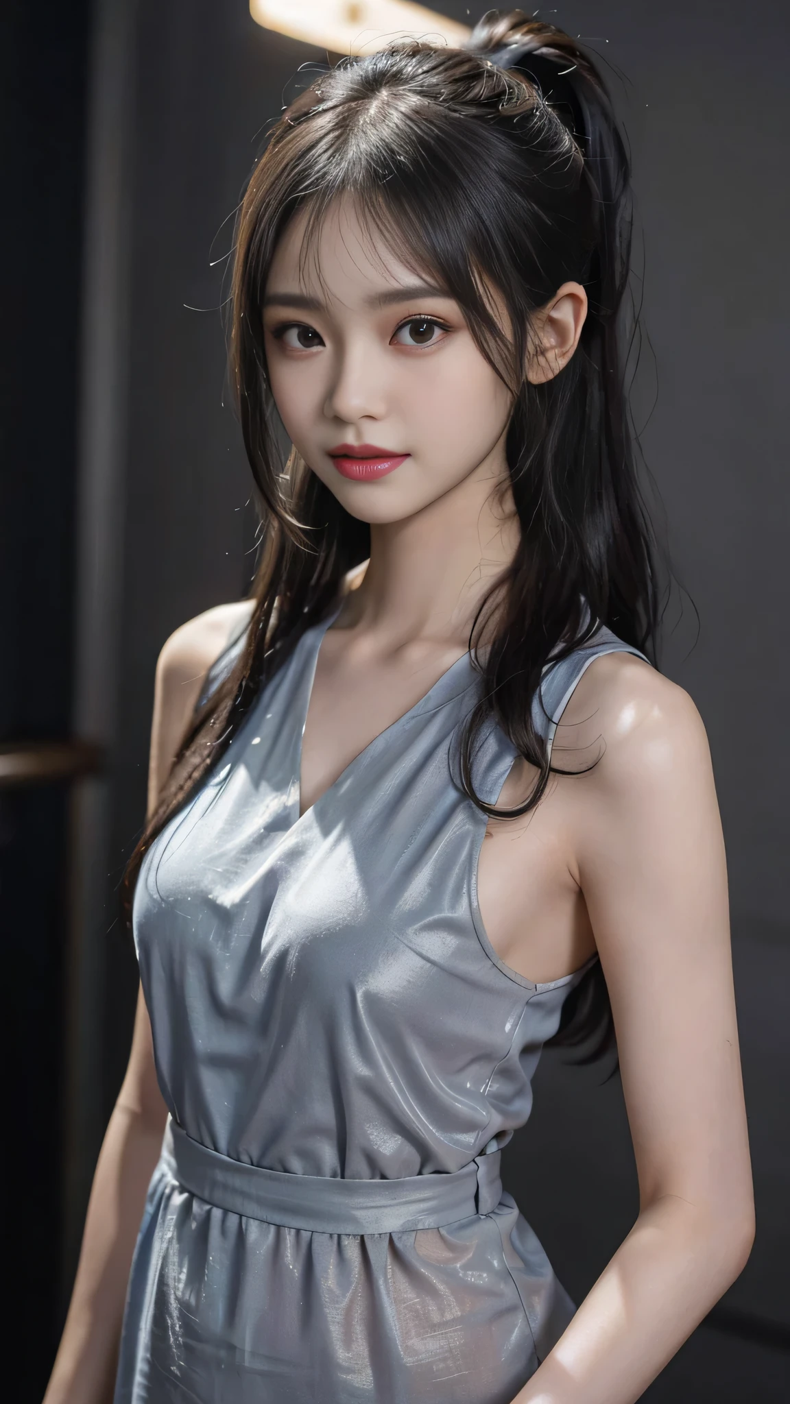8K, Best Quality, Masterpiece, Ultra High Resolution, (Realism: 1.4), Original Photo, (Real Skin Texture: 1.3), (Film Grain: 1.3), 1 Girl, Beautiful Eyes and Face Details, Masterpiece, Best Quality, Close-up, Upper Body, Looking at the Viewer, ((Gray Sequin Slip Dress)), Huge