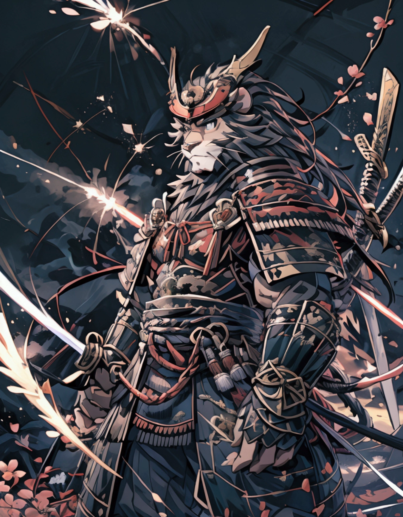 Depicted from the front,Gazing at the audience,,Brave, Great noble lion samurai warrior,((Pure white fur)), Wearing very detailed red samurai armor,He wears a demonic red mask on his head..&#39;Horn., Sengoku period,I have a black and gold fan, Highly detailed background, Peach blossoms blown by the wind, Perfect masterpiece high quality, High resolution writing boundary depth, perfect lighting, (Particles of light),(Best Quality),(masterpiece),(Ultra Shipping),Sharp focus,Particles of light