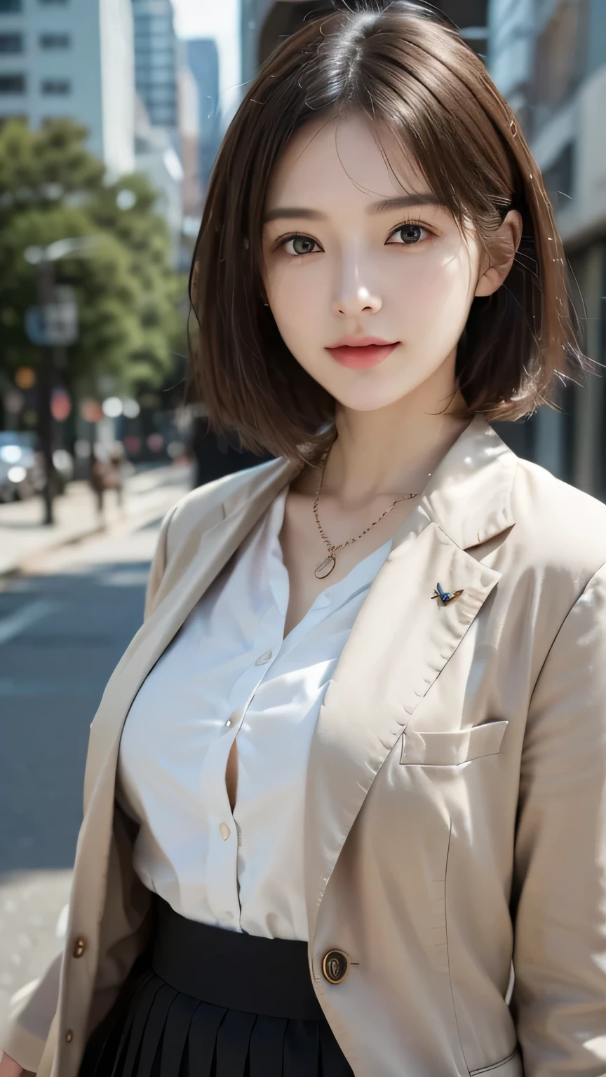 ((Highest quality)), ((masterpiece)), 8K quality, (detailed), High Resolution Skins:1.3, Realistic skin texture, One girl, full body, slim, smile, close mouth, Natural Makeup, fluffy short hair, Messy Hair, Asymmetrical bangs, Brown hair, Looking at Viewer, (Upper body), sharp focus, Bust B cup, Slim figure, Beautiful eyes in every detail, realistic eye and face details, (office uniform), (bright colored suit jacket and same colored long thin skirt), short button-down shirt, Standing on a park in a big city with buildings, depth of field, ((body facing forward)), career woman, Japanese girl,