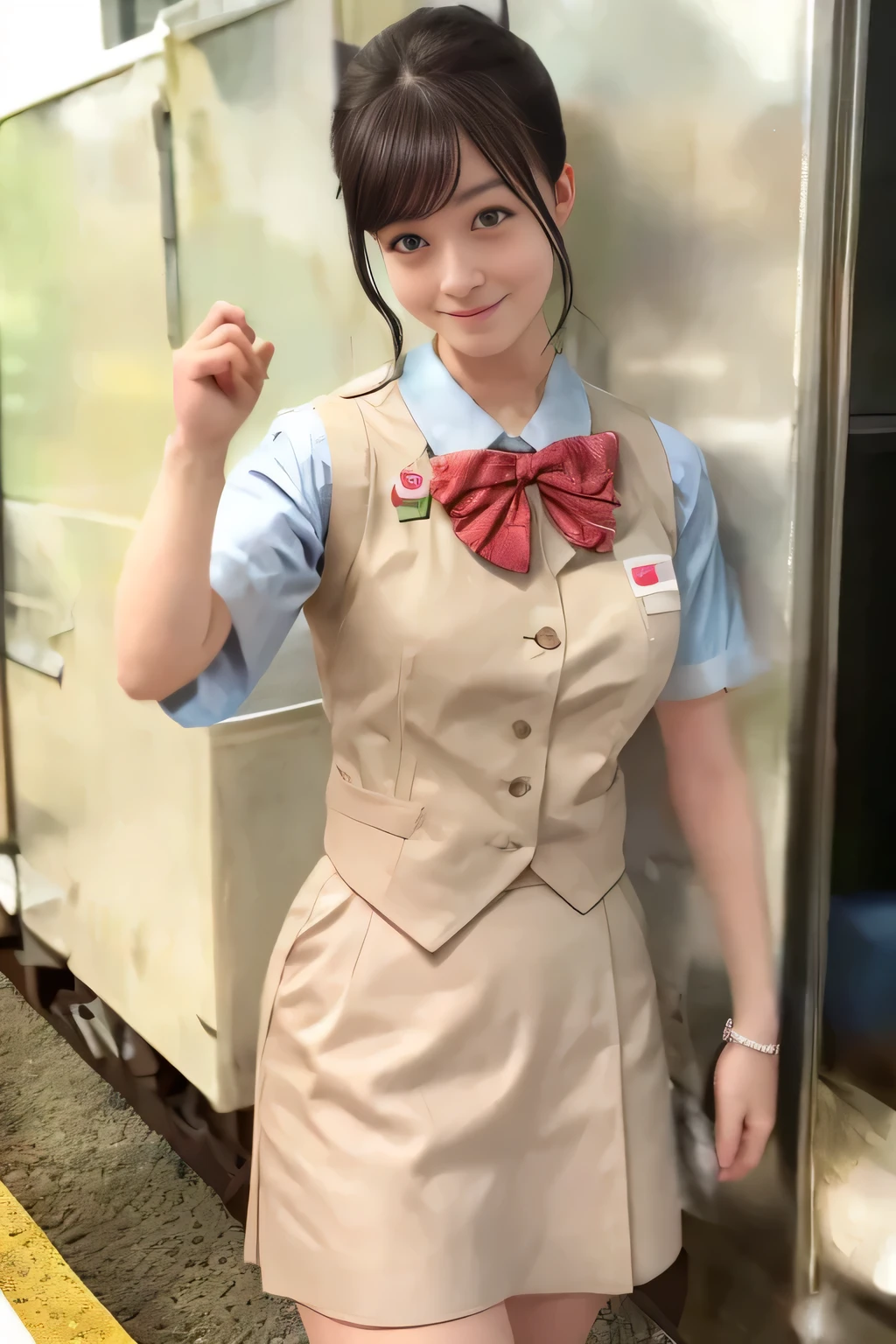 (masterpiece:1.2, Best Quality:1.2), 32K HDR, High resolution, (Alone、1 girl)、（On the roof of a building during the day、Professional Lighting）、Building rooftop background、（Real style of JR Woman wearing train crew uniform beige）、（（JR Female Train Crew Uniform Beige Light Blue Blouse Short Sleeve 、 Knee-length culottes skirt、Beige vest、scarf））、Dark brown hair、（Long Hair、Hair tied up、Hair tied up）、Dark brown hair、Long Shot、Big Breasts、Thin legs、（（Great hands：2.0）），（（Harmonious body proportions：1.5）），（（Normal limbs：2.0）），（（Normal finger：2.0）），（（Delicate eyes：2.0）），（（Normal eyes：2.0））)、smile、（JR Woman Train crew uniform beigeのKnee-length culottes skirtを見せた美しい立ち姿）、Hands down