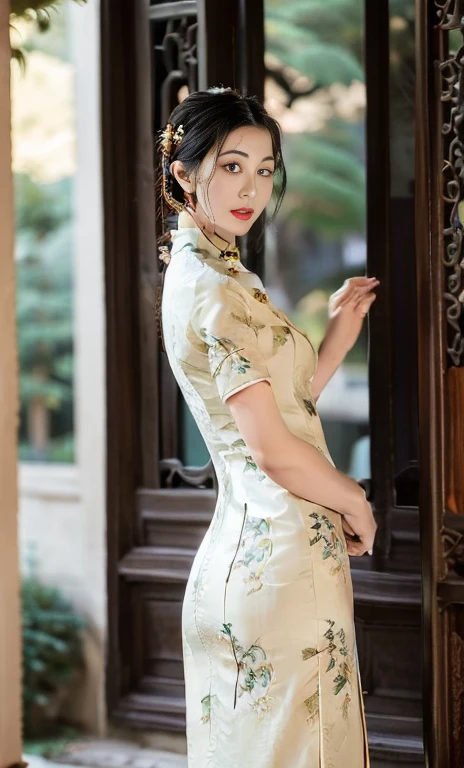 {1girl, beautiful woman in traditional Chinese dress, red qipao, intricate golden floral patterns on dress, long flowing black hair, jade hairpin, delicate earrings, shining black gemstone eyes, full red lips, graceful movement, round detailed eyes & facial features, from behind, from side, from top,

award winning, masterpiece, anatomically right, high quality, quality, high details, detail, super detailed, her bust size might be 4 D.

(qipao dress flowing like blooming lotus & drifting red clouds), (best quality,4k,8k,highres,masterpiece:1.2),ultra-detailed,(realistic,photorealistic,photo-realistic:1.37),extremely detailed eyes and face, longeyelashes,cinematic lighting,vibrant colors,elegant portrait,}