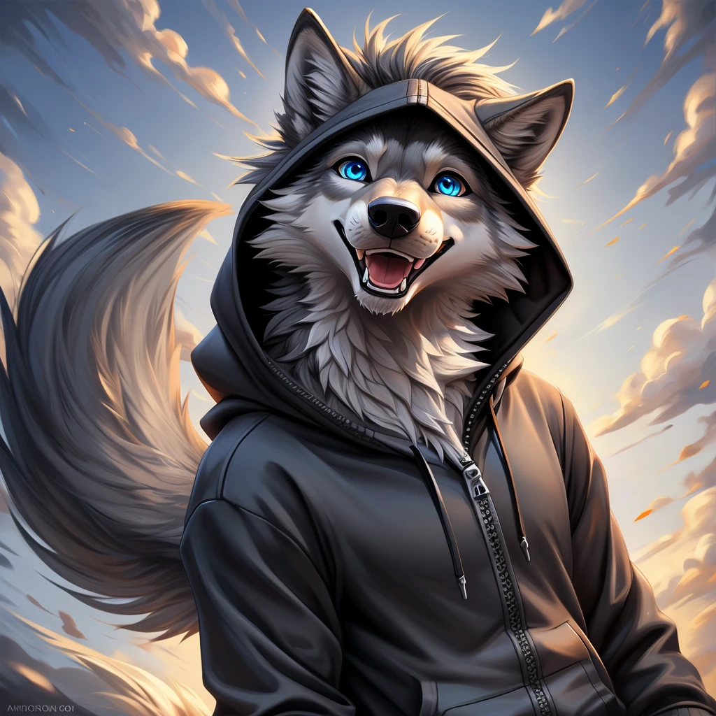 (((1male))), (detailed portrait), (anthro gray wolf:1.5), long gray mane, ((black zipper hoodie)),  blue jeans, blue eyes, (dynamic angles), detailed eyes, playful, playful expression