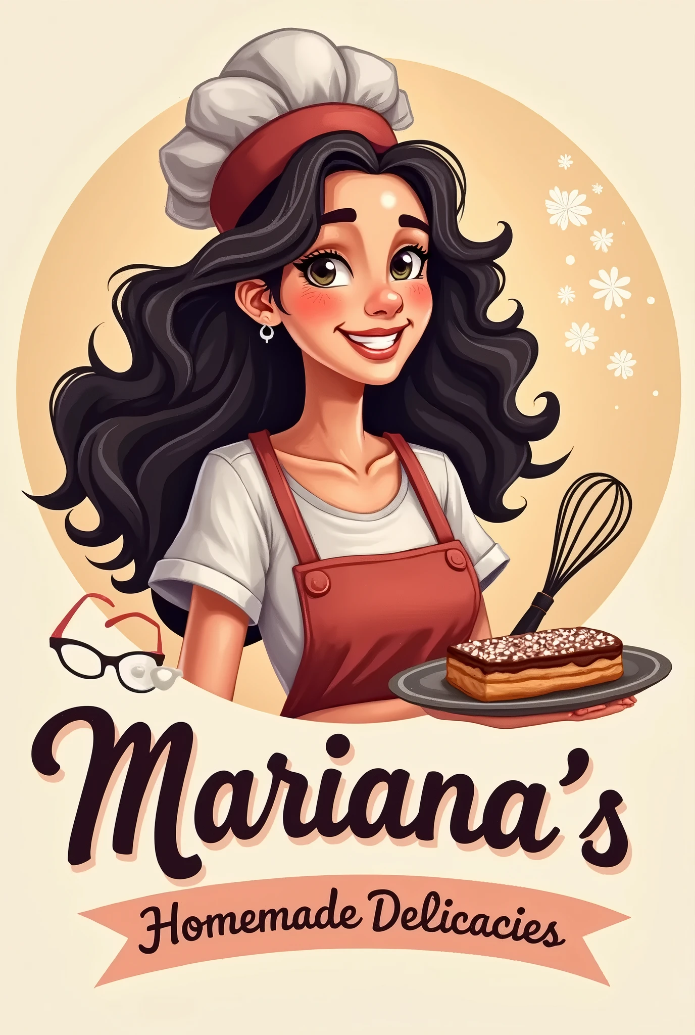 goofy and very girly letter M in comic book style with big eyelashes, brown eyes, long dark hair, chef’s hat, black t-shirt, holding a glass of dark whiskey in one hand and spoon in other, use neutral tones 