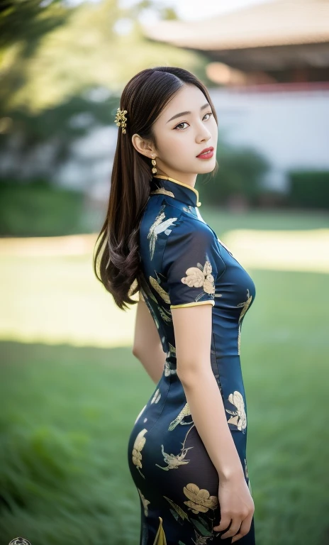 {1girl, gorgeous woman in traditional Chinese dress, 🍎 RED qipao, intricate golden floral patterns on dress, long flowing black hair, jade hairpin, delicate earrings, shining black gemstone eyes, full red lips, graceful movement, beautiful detailed eyes & facial features, from behind, from side, from top,

award winning, masterpiece, anatomically right, high quality, quality, high details, detail, super detailed, her bust size might be 4 D.

(qipao dress flowing like blooming lotus & drifting red clouds), (best quality,4k,8k,highres,masterpiece:1.2),ultra-detailed,(realistic,photorealistic,photo-realistic:1.37),extremely detailed eyes and face, longeyelashes,cinematic lighting,vibrant colors,elegant portrait,}