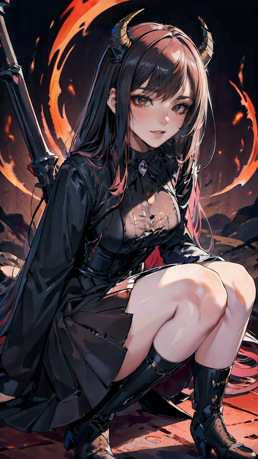 , Perfect Eyes, Soft Light, high quality, 4K resolution, masterpiece: Fine skin, Attention to detail, 最high quality, Awards, Very detailed, high quality, devilの女王、Horned goat, Gothic Dress, Living in the depths of hell, Lava flow, Blue long hair, Bright Blue Eyes, Red High Heels, Navy Blue Dress、Shadowy Face　、Have a weapon、Staring at the audience with a frightened expression、beautiful girl、とてもcute天使、Pink Gothic Fashion、cute、、smile、Long skirt、Black long boots、.(最high quality,4K,High resolution,masterpiece:1.2),Very detailed,Realistic:1.37,Spooky altar background,dark fantasy,Red color scheme,Ominous atmosphere,Eye-catching,Storytelling,anatomy,Anime Style,Concept Art,beautifulAttention to detail顔と (((Red eyes ))),A terrifying ritual ,devilの儀式,Premature death,Inappropriate behavior,クレイジーなsmile,Scythe Face,Girl Monster, beautiful, Delicate facial features, Sharp Eye, Sharp Fangs, pale Skin, Dark Background, Cinema Lighting, Dramatic Shadows, Gothic style, Gloomy atmosphere, dark fantasy, One person&#39;S, Please open your mouth wide, Open your mouth and baring your teeth,Sharp teeth like a beast, Wide lips, Very wide mouth, Red cheeks, ,(Blood splatter:1.4),Scary smile, smile,Angel Design, TwiSted smile、Bloody、Head bleeding,,,,,、Blood splatter、,(Blood splatter:1.4),skull,devil&#39;gun,Horror Style, ((Fantasy Sweet Ta Frill Pink Costume)), ((Flowing blonde hair)), ,(Blood splatter:1.4),Female Curves, Sexy flat stomach, Perfect hands, Perfect anime character face, (Pink Tata Dress)), Standing, ((邪悪なsmile)), ,(Blood splatter:1.4), Steam circulation, Moonlight Illumination, night lighting, (Blood splatter:1.6),アニメAngel Design, TwiSted smile、Bloody、Head bleeding,,,,,、Blood splatter、,(Blood splatter:1.4), skull,Gothic architecture、Western architecture、ファンタジーのworld、,Victorian city, Skeleton Gas Light,Absurd, High resolution、 ((Tabletop)), ((最high quality)), (Very detailedな), ((Very detailed)), (beautiful), ((cute)), (NFSW:1.8), One personで,(:1.6)、(world&#39;最も恐ろしく不気味なdevilの少女:1.5)beautiful face、Full Body Ezbian、pale, beautiful肌、beautiful金の髪、smile gently、Dark building ruins、(snow white&#39;Frill dress:1.3)、(The dark ruins are stained with blood:1.3)、Low angle full body shot、(少女は血の池の中にStanding:1.5)、(The ground is full of blood:1.3)、(The girl lost a lot of blood......:1.3)、(クレイジーなsmile:1.6)、Spirits、(Blood dripping from the mouth:1.3)、
