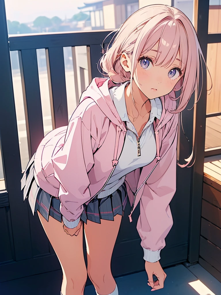 (masterpiece, best quality:1.5), (ultra detailed, high resolution, 8k, beautiful detailed, UHD, best anatomy), 1 cute girl, pink hair, medium breasts, sleeves past fingers, sweatshirt, Flared skirt, boots, dazed look