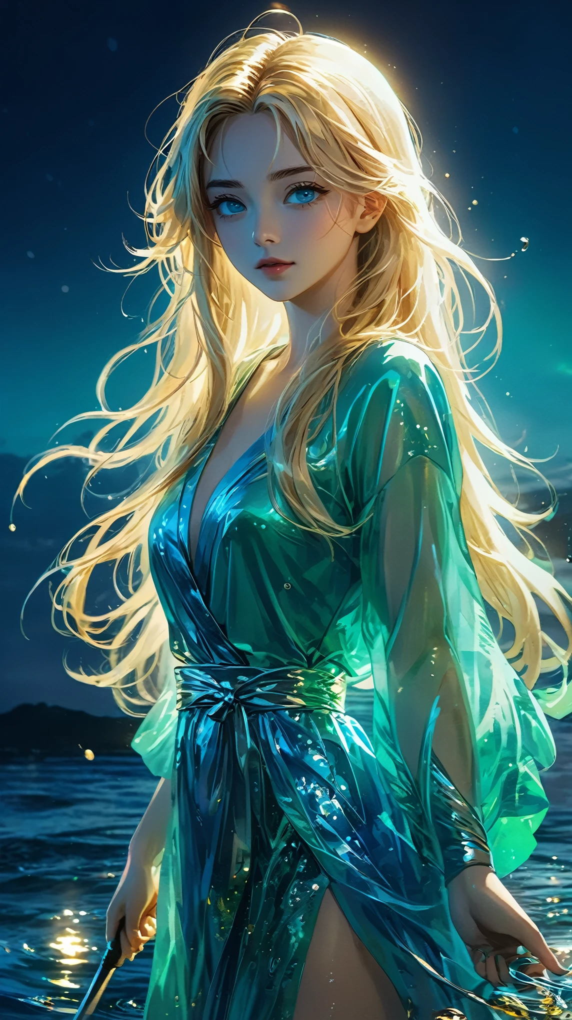 A stunning super power woman in a stunning heaven, at night, in blue water background completely, blur eyes, long golden hair and sorounding lots of blue water, a silver knife in her hand which is shine by a green light, stunning picture, ultra HD quality, 3rd dimantion style, in anime style 