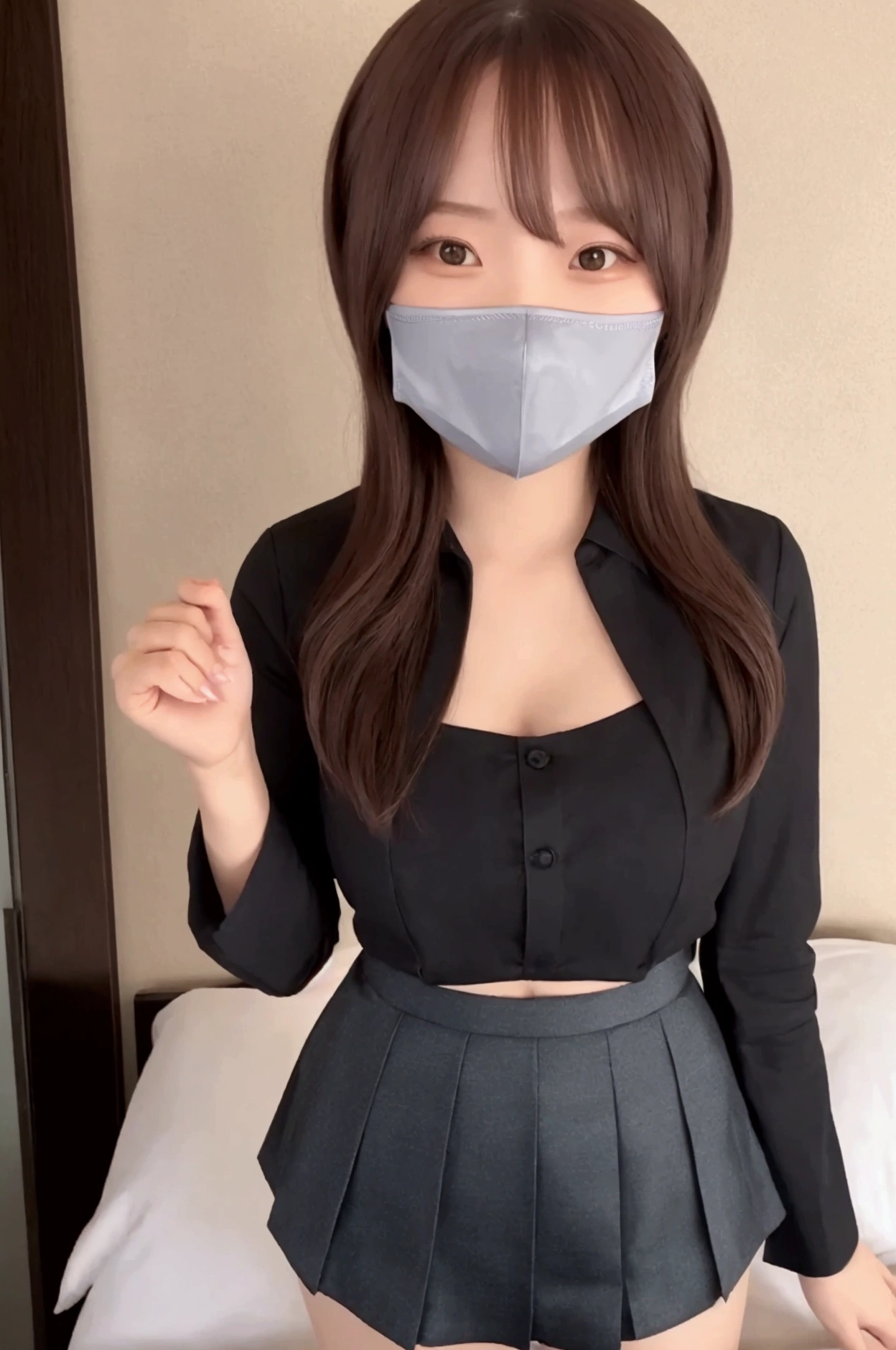 ((Best Quality, 8K, Masterpiece: 1.3)), 1girl, Slim Abs Beauty: 1.3, (Hairstyle Casual, Big Breasts: 2.1), Dress: 2.1, Super Fine Face, Delicate Eyes, Double Eyelids, Smile,Student,Standing In Classroom,Hold A Book,Ponytail Hair,Student Torn Shirt,Mask, And Mini Skirt Outfit,((No Bra And Panties))