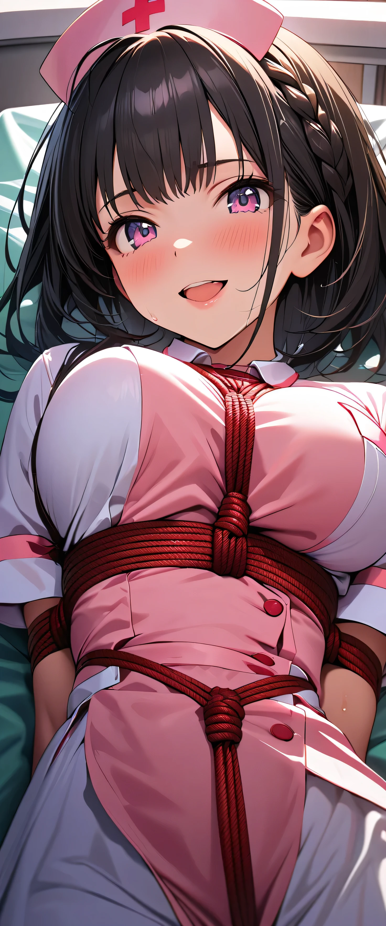 (extreme close-up:1.5),(beautiful girl: 1.3),1girl,masterpiece, Highest quality, Ultra-high resolution,rich contrast,super high quality,8k,Highly detailed CG unit wallpaper,texture,Incredibly absurd,Ultra-high resolution,RAW Photos,Depth of Field 1.2,(Crown braid,Black Hair),Glowing Skin,sweat,Glitter effect,Beautiful glossy lips,(nurse uniform),Short sleeve,Hospital bed,(bound,Bondage,breast,Bondage,Shibari),A big smile,Open your mouth wide,nurse uniform